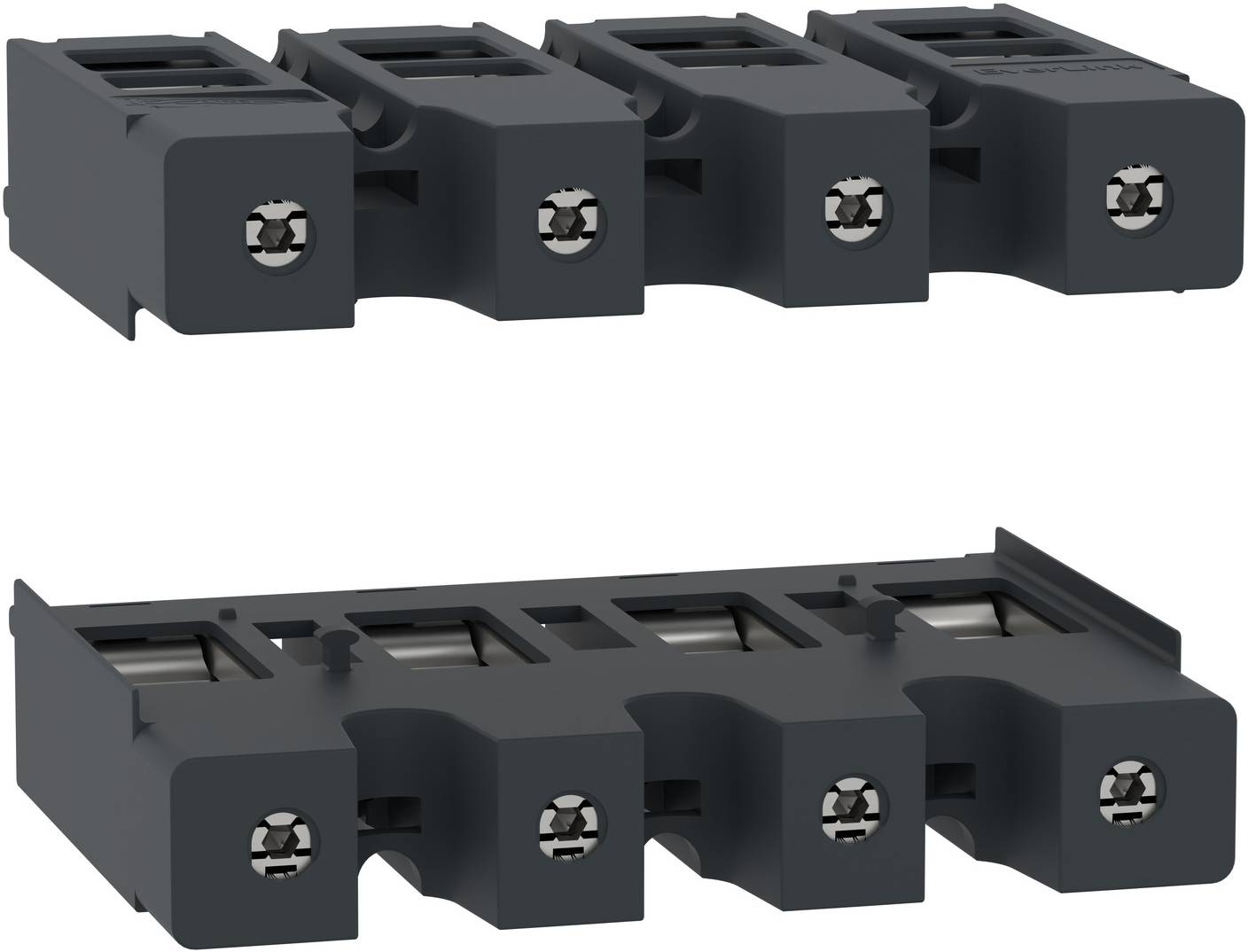 Zwei schwarze 4-polige elektrische Klemmenblöcke in Draufsicht und Seitenansicht dargestellt, mit Schraubklemmen-Drahtverbindungen und Montageschlitzen.
