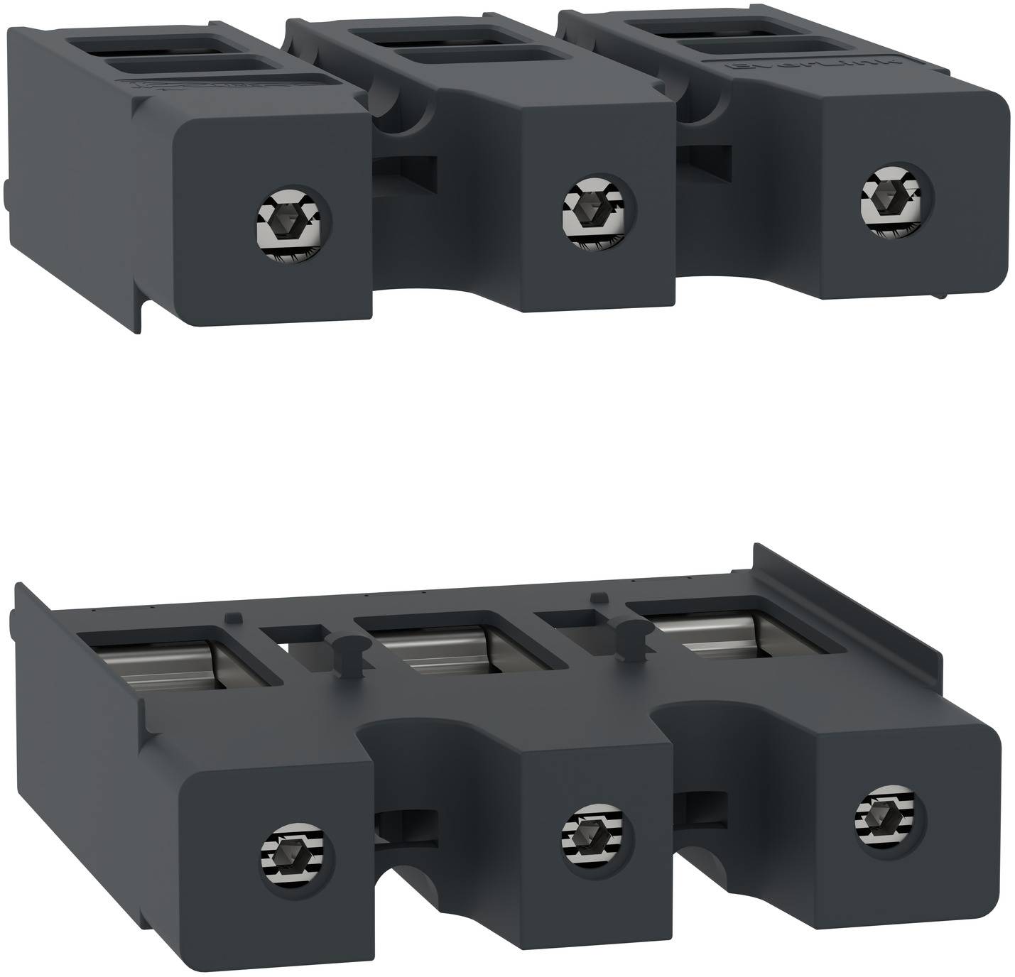 Zwei schwarze dreipolige Elektroanschlussblöcke in einer produktgestalteten Ansicht, einer oben und einer unten, mit sichtbaren Schraubklemmen an der Vorderseite.