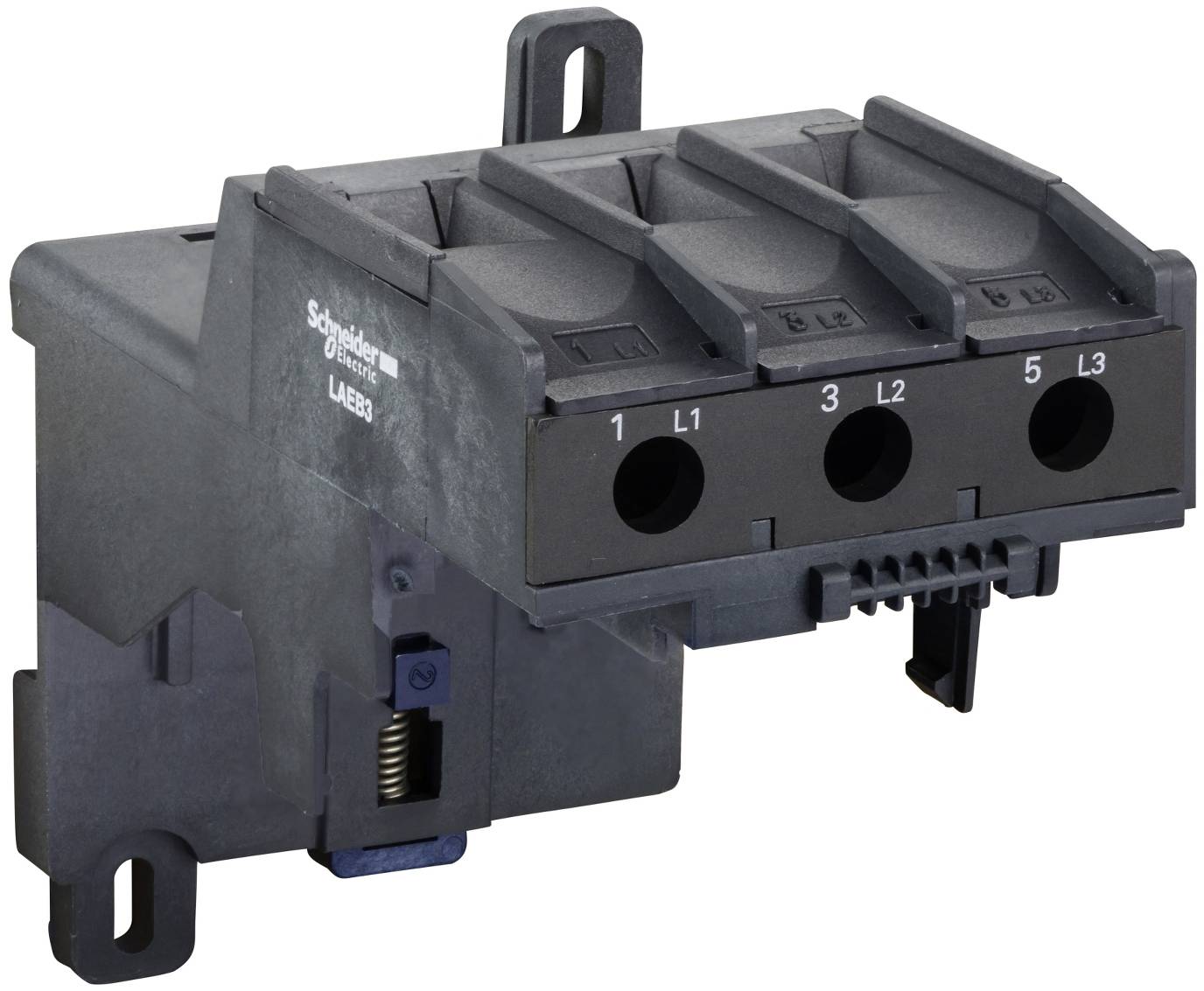 Schwarzer Schneider Electric Stromverteilerklemmenblock mit drei beschrifteten Öffnungen: 1 L1, 3 L2 und 5 L3.