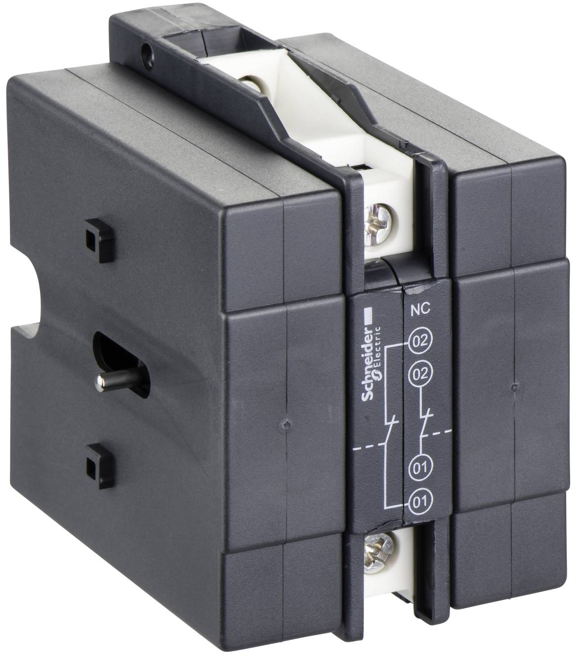 Nahaufnahme eines Schneider Electric Stromschalter-/Kontaktmoduls in einem schwarzen Kunststoffgehäuse mit Anschlussklemmenmarkierungen und Schrauben.