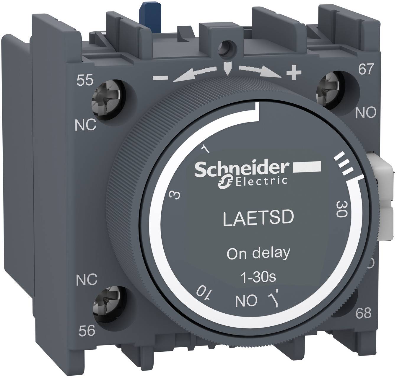 Schneider Electric LAETSD Verzögerungsrelais mit einstellbarem 1-30s-Regler und NC/NO-Anschlüssen.