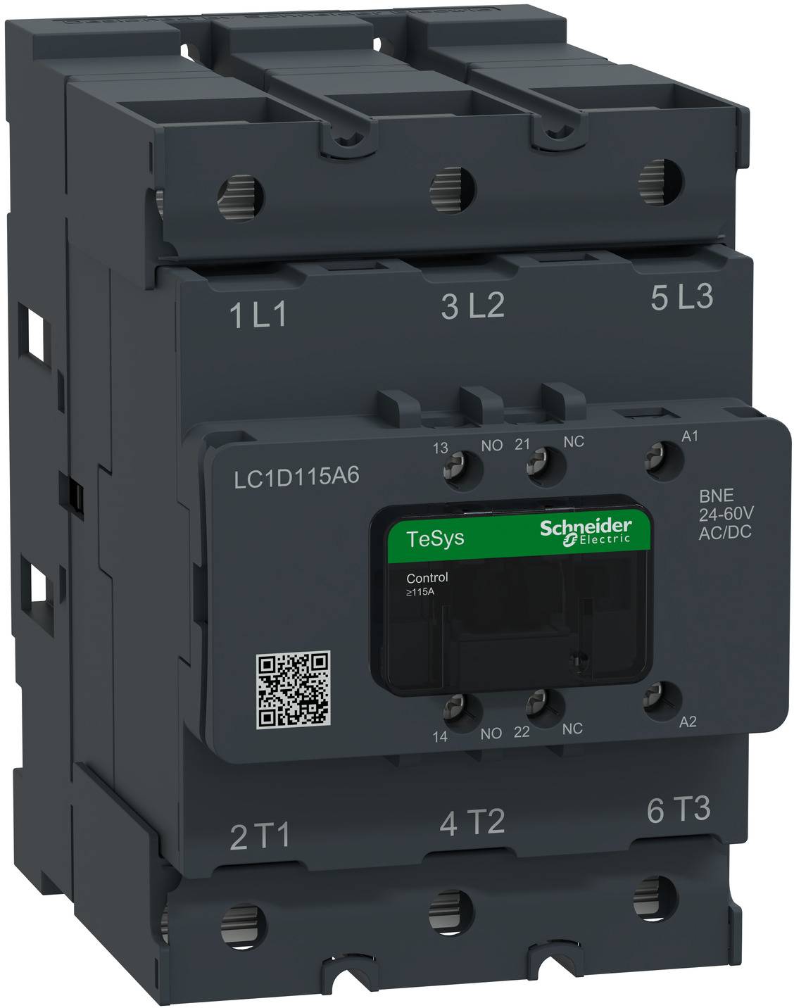 Schneider Electric Schütz mit der Bezeichnung LC1D115A6, mit Anschlussmarkierungen und 24-60V AC/DC Spulenspezifikation auf einem schwarzen Industriegerät.