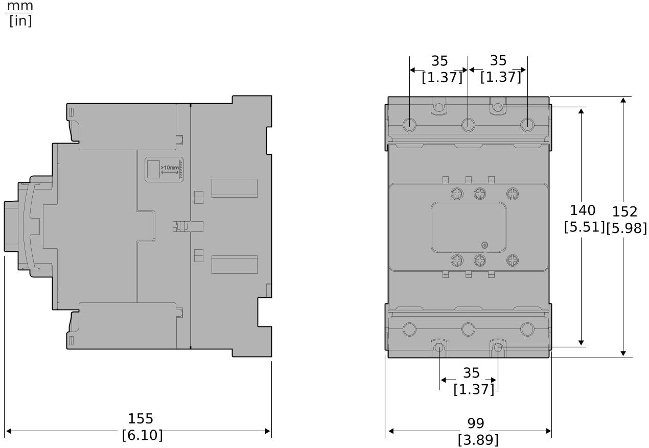 Technische Zeichnung eines rechteckigen mechanischen Bauteils mit Vorder- und Seitenansicht mit Abmessungen in mm und Zoll: 155 x 99 x 152, plus 35 mm Abstände.