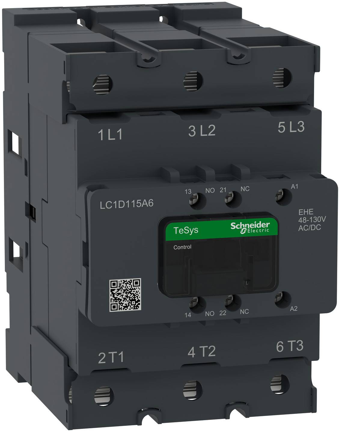 Schwarzer Schneider Electric TeSys LC1D115A6 Schütz mit beschrifteten Klemmleisten und 48–130V AC/DC-Spule.