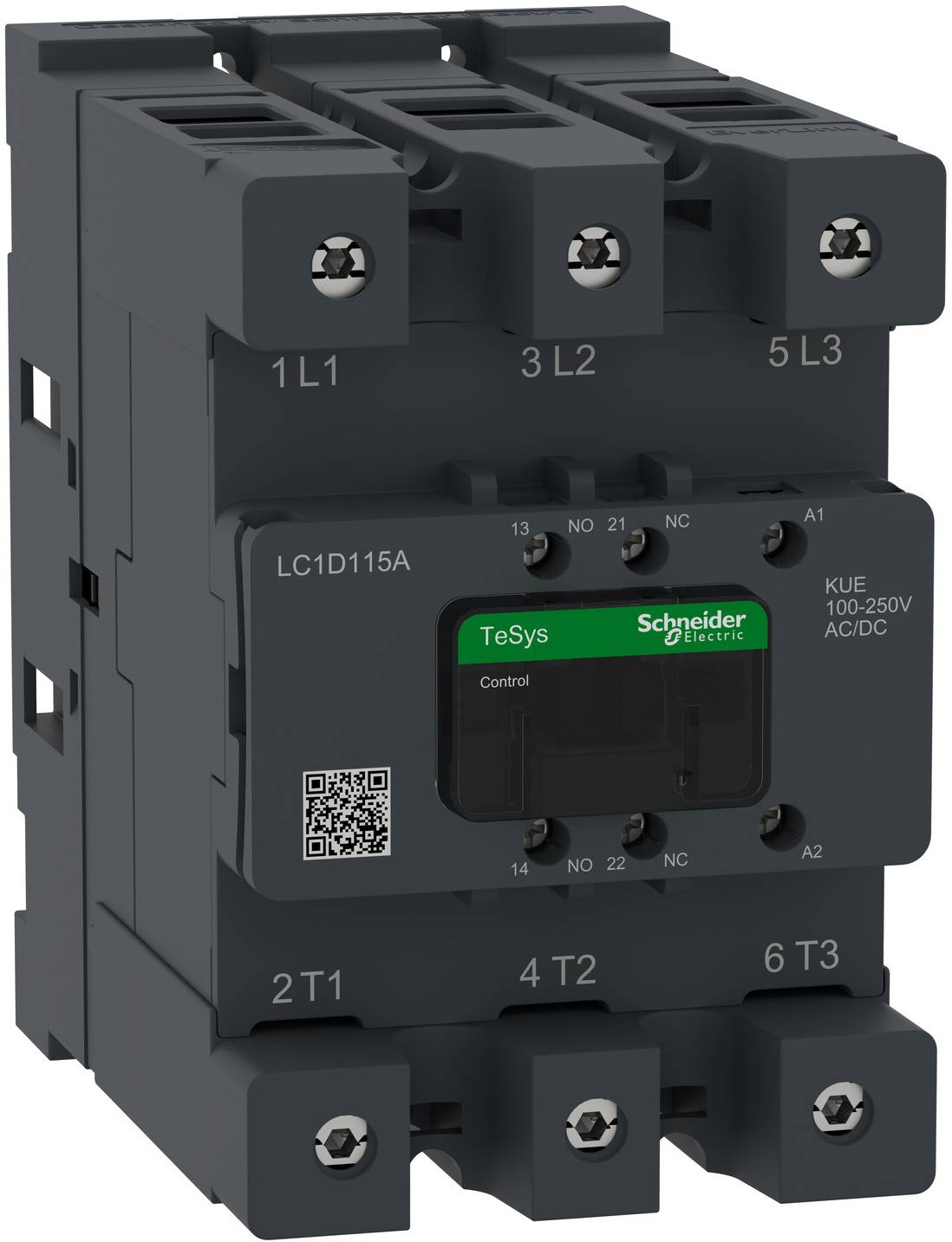 Schwarzer Schneider Electric TeSys LC1D115A Schütz mit drei oberen und unteren Stromschienen und beschrifteter Schalttafel an der Vorderseite.