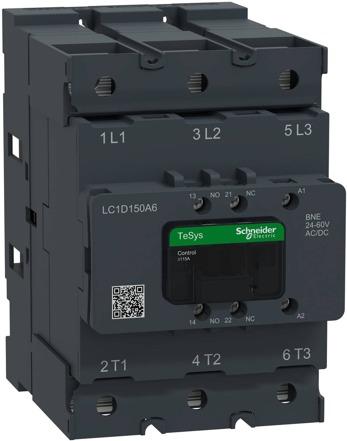 Frontansicht eines Schneider Electric TeSys-Schützes, Modell LC1D150A6, mit beschrifteten Klemmen und 24–60V AC/DC-Spule.