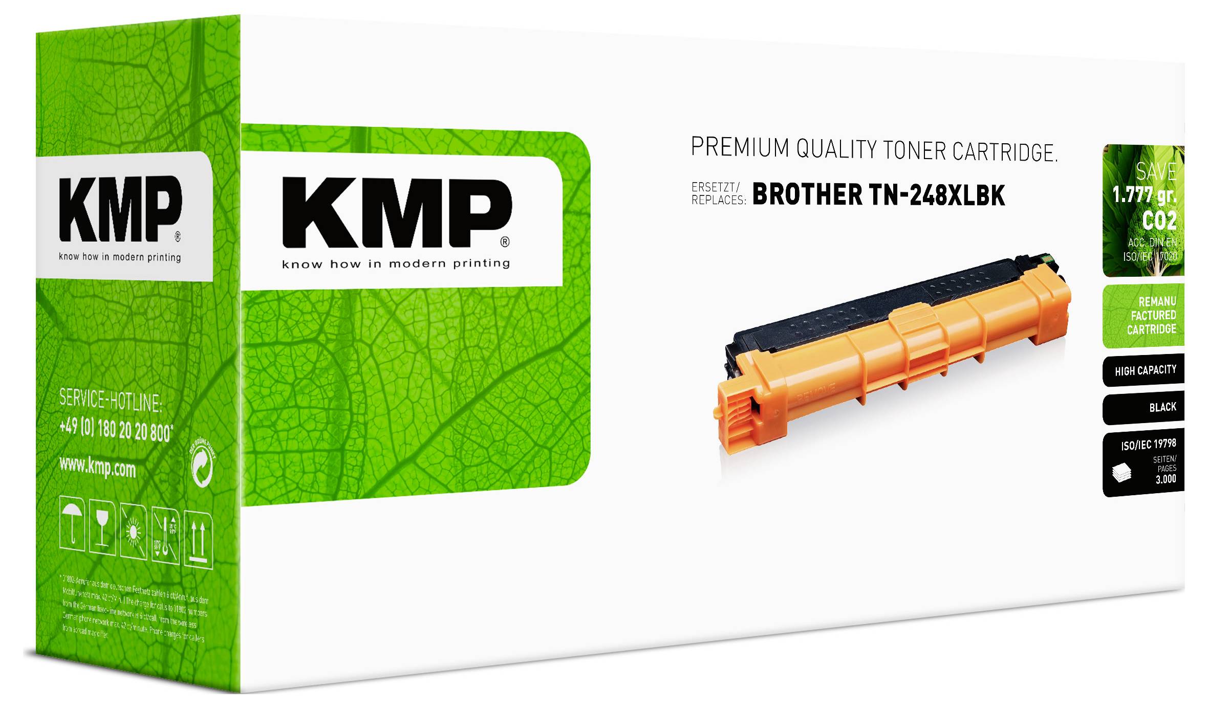 KMP Premium-Qualität Tonerpatrone Verpackung für Brother TN-248XLBK, zeigt eine orangefarbene Patrone und grünes KMP-Branding auf einer weißen Schachtel.