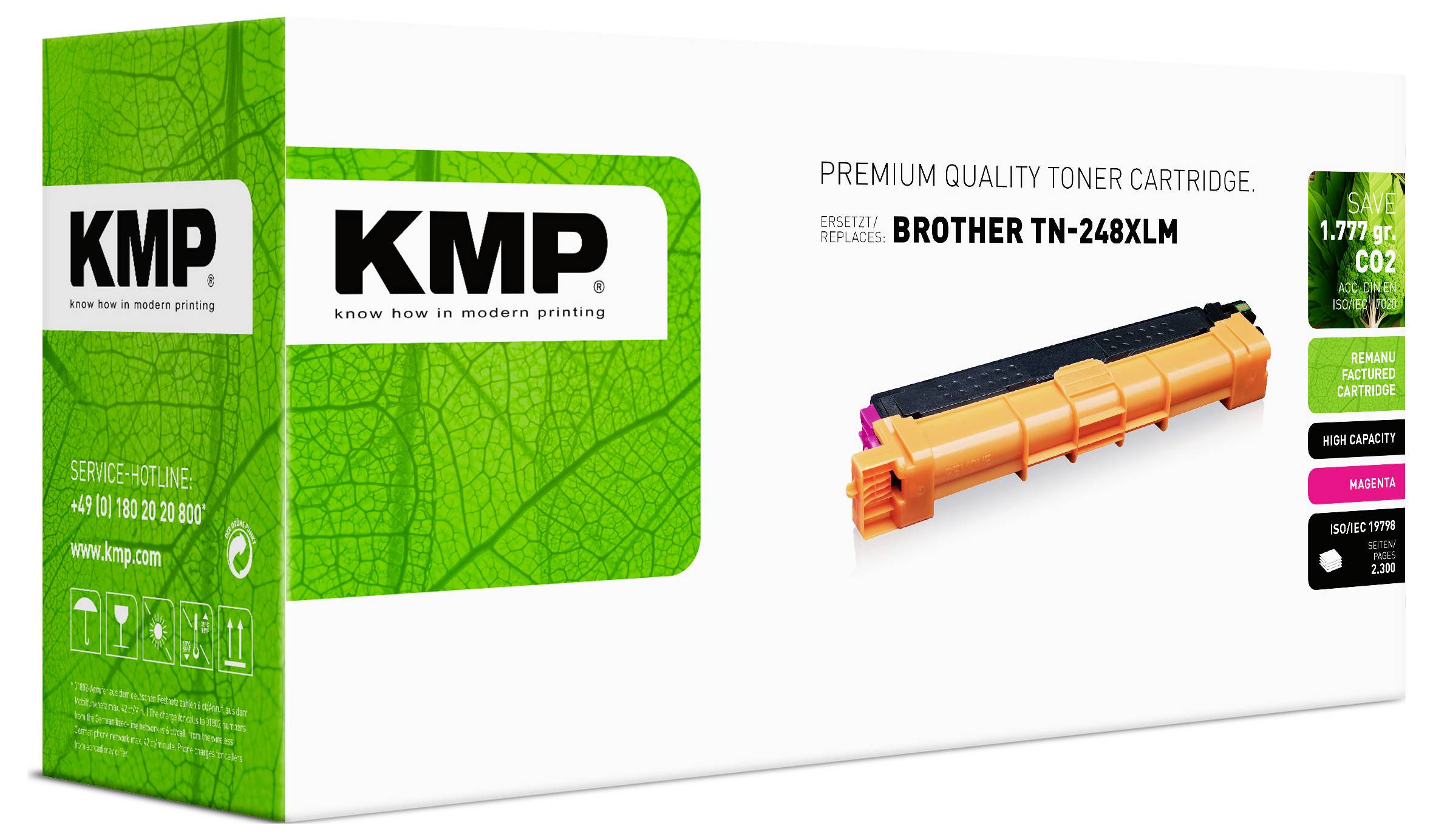 KMP Premium-Qualitäts-Tonerpatronenbox für Brother TN-248XLM, zeigt eine orange-magenta Tonerpatrone und grüne Öko-Etiketten