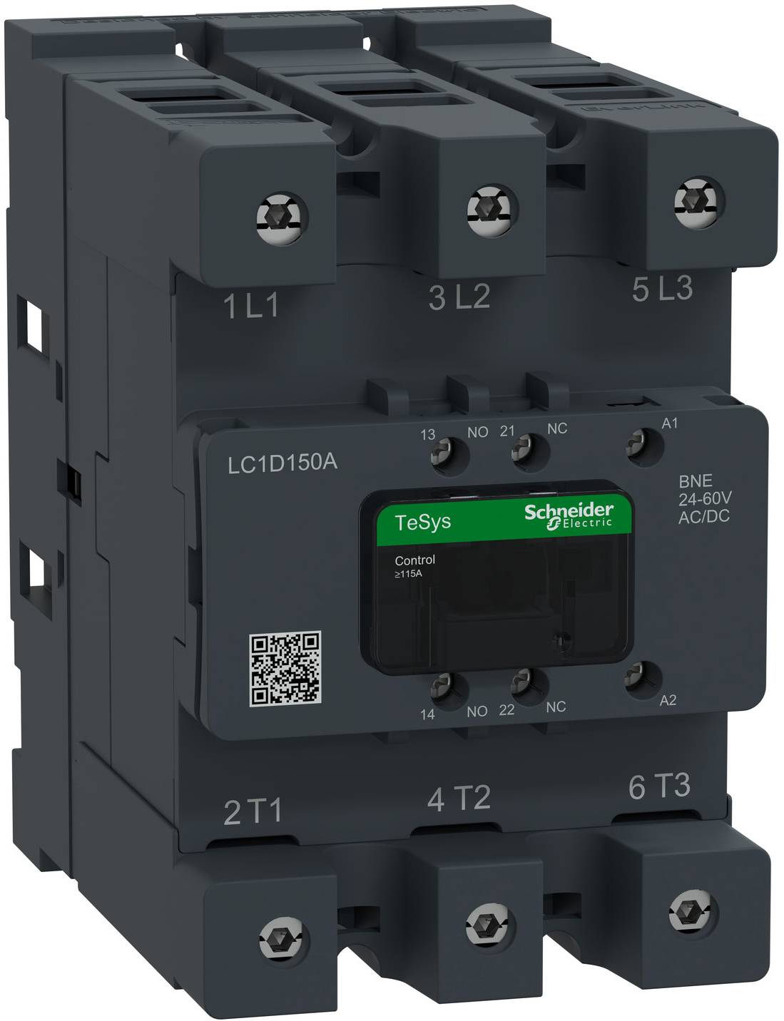 Ein Schneider Electric TeSys LC1D150A Drehstromschütz mit beschrifteten Anschlüssen und 24-60V AC/DC-Spule, dargestellt in Produktansicht.