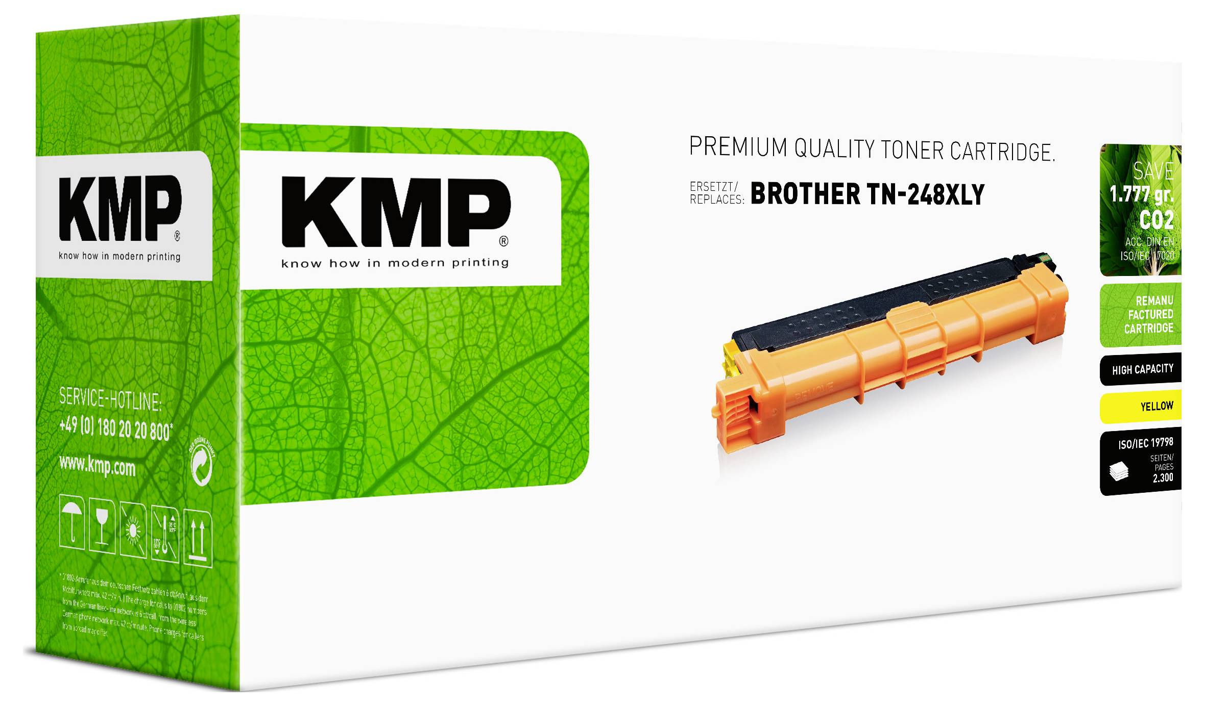 KMP Premium-Qualität Tonerpatrone für Brother TN-248XLY, zeigt eine orangefarbene Patrone und grüne recycelbare Verpackung.