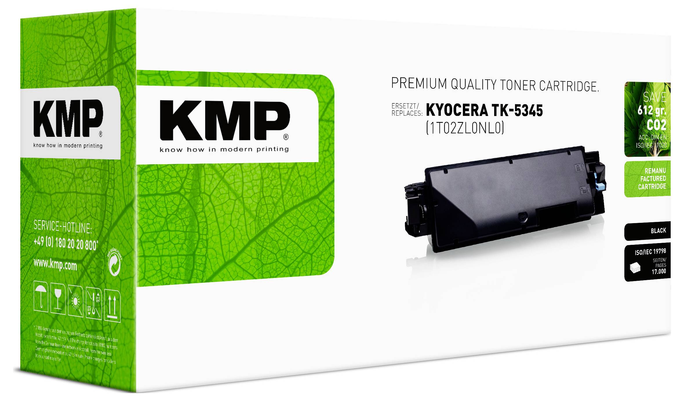 KMP Premium-Tonerkartusche für Kyocera TK-5345, schwarze Ersatzkartusche auf weißem Hintergrund mit grüner Verpackung.