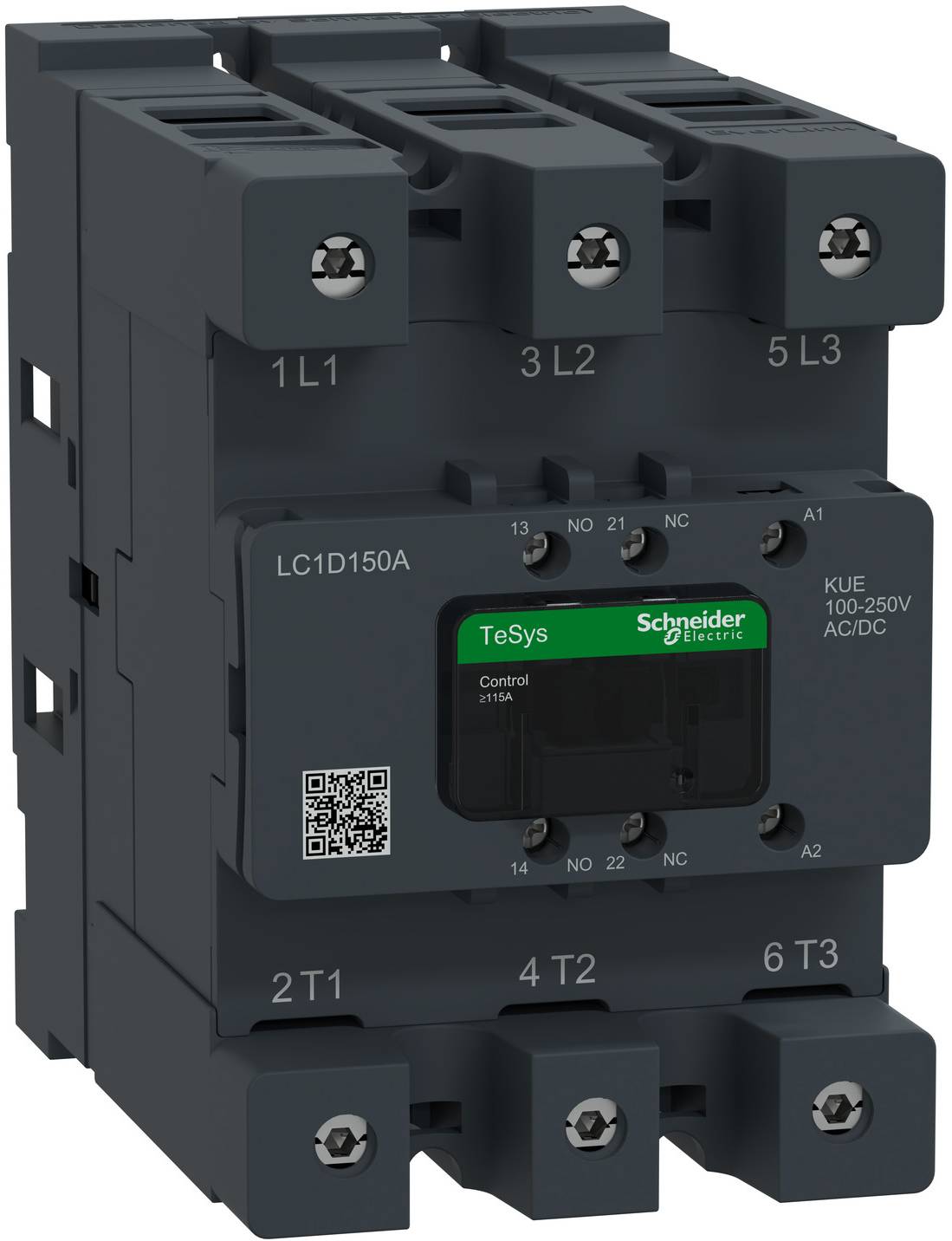Schwarzer Schneider Electric TeSys LC1D150A Schütz mit drei großen Schraubklemmen und beschrifteten vorderen Klemmen A1/A2, verwendet für elektrische Schaltungen.