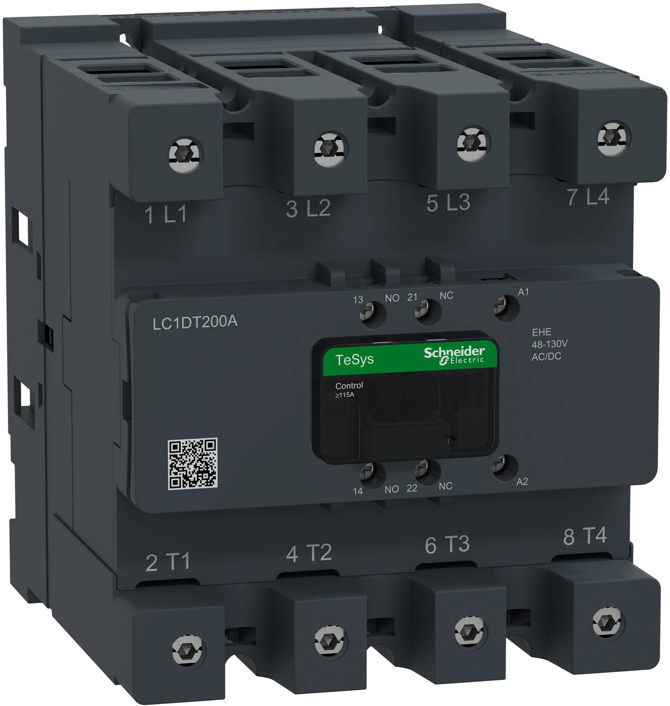 Schneider Electric TeSys LC1DT200A Schütz in Vorderansicht, mit vier Hauptstromklemmen mit den Bezeichnungen L1-L4 und T1-T4.