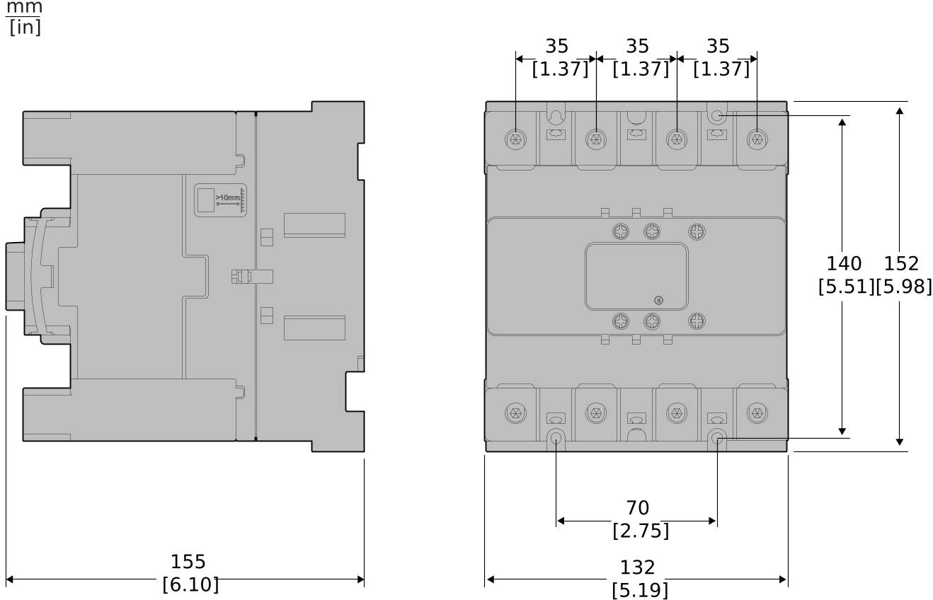 Technische Maßzeichnung eines rechteckigen Elektrogerätes mit Vorder- und Seitenansicht, mit Abmessungen in mm und Zoll.
