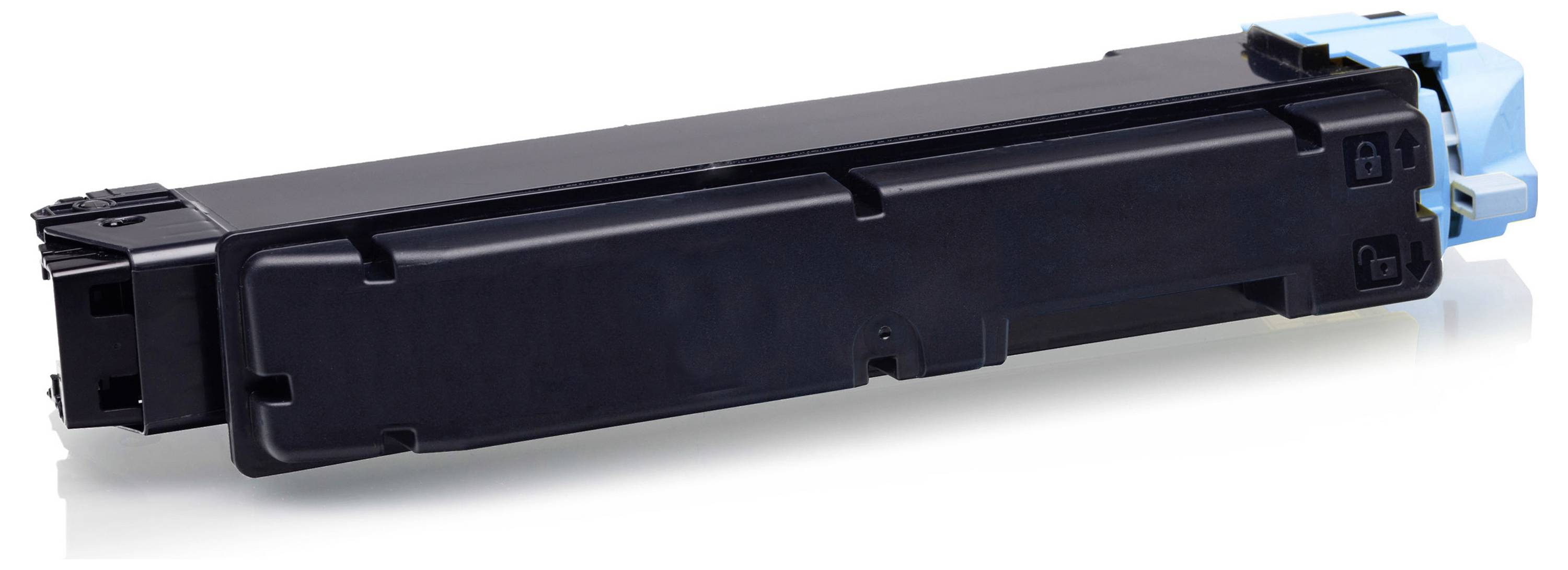 Schwarze Druckertonerkassette mit blauer Endkappe, gezeigt auf weißem Hintergrund.