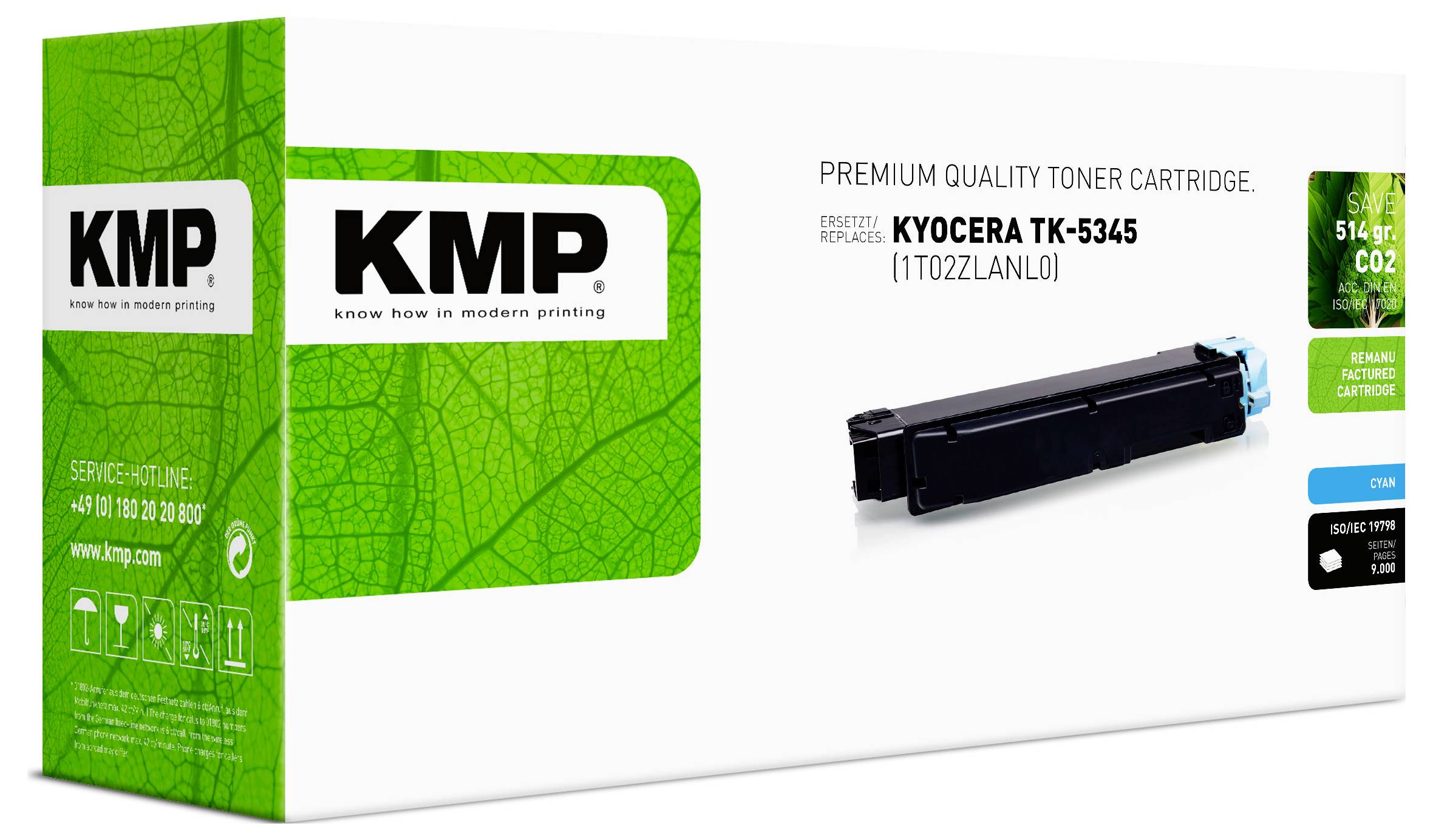 KMP Premium-Qualität Tonerkassette für Kyocera TK-5345, zeigt eine schwarze Tonerkassette und grünes Kastendesign.