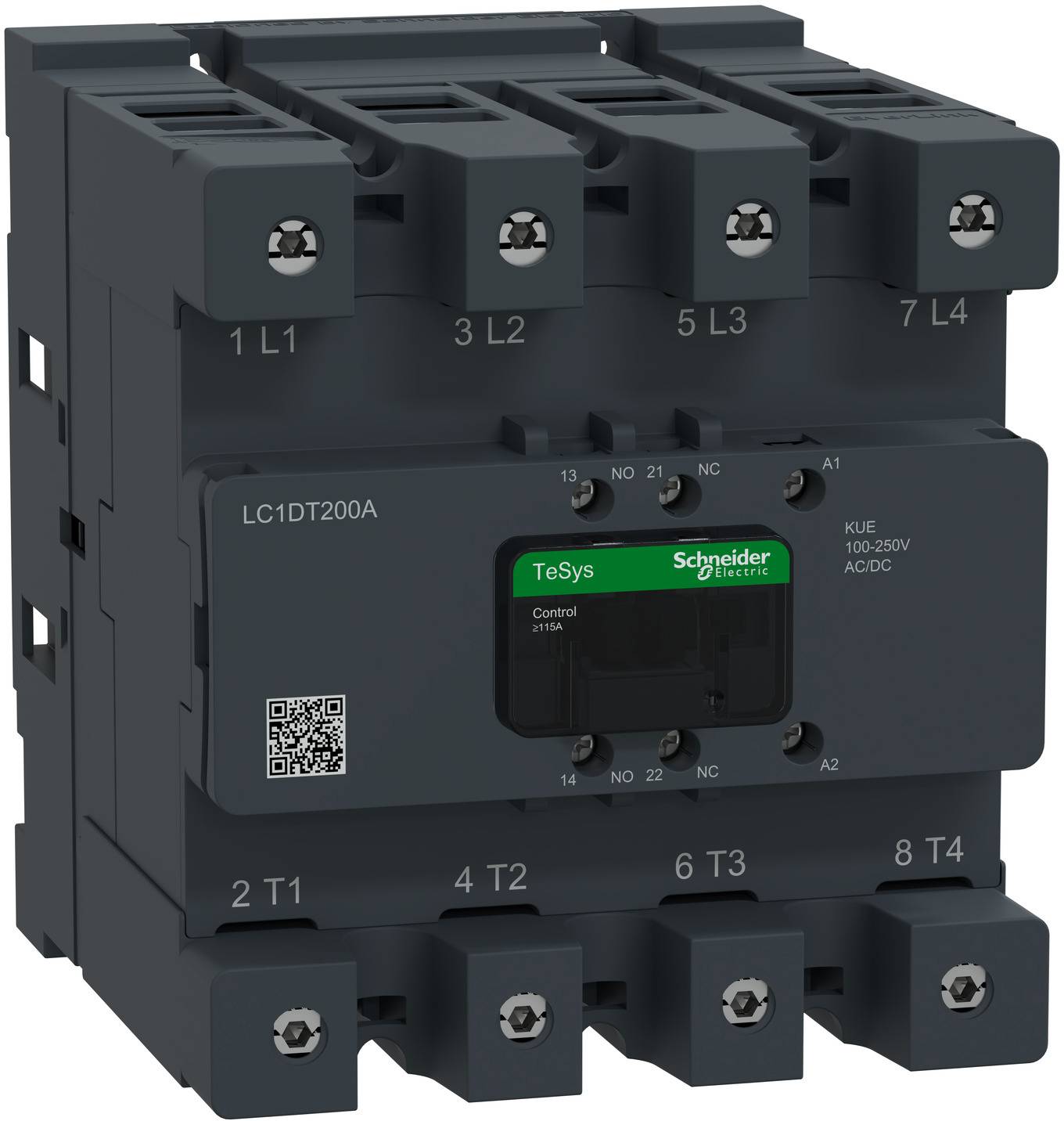 Schwarzer Schneider Electric TeSys-Schütz mit der Bezeichnung LC1DT200A, mit vier oberen und vier unteren Anschlüssen und einem vorderen Steuermodul.