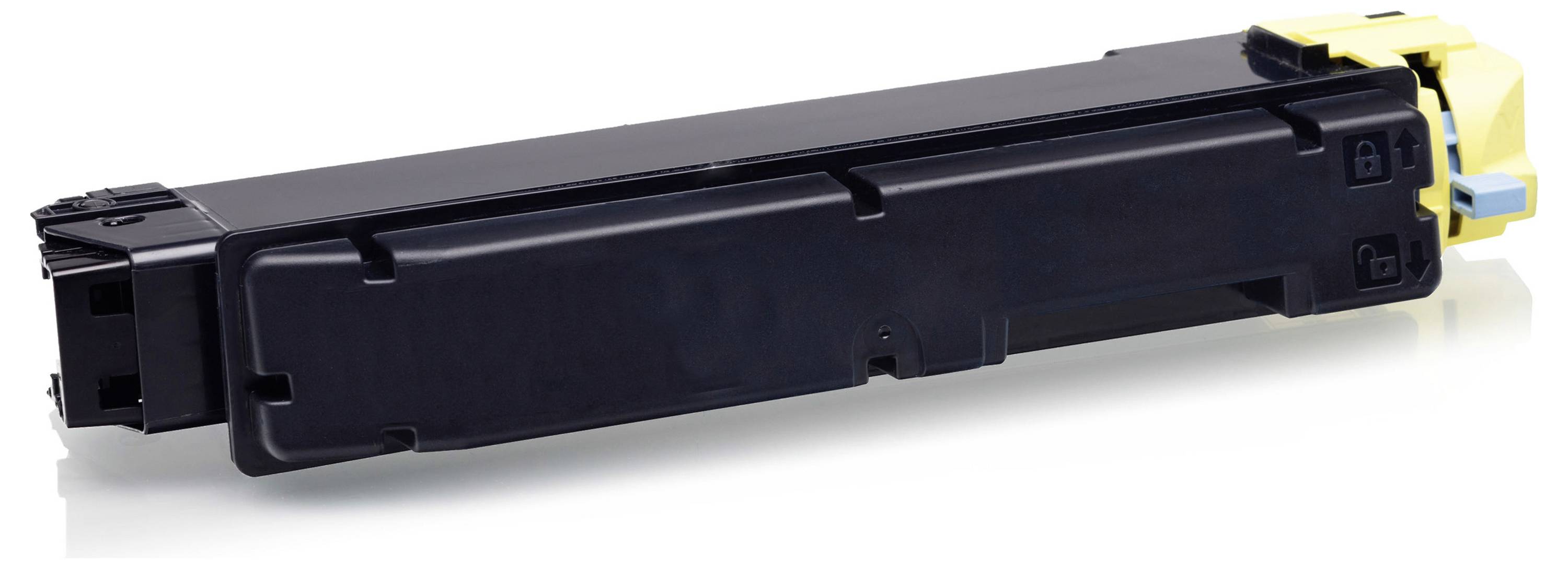 Schwarze Druckertonerkassette mit einer gelben Endkappe, dargestellt auf weißem Hintergrund.