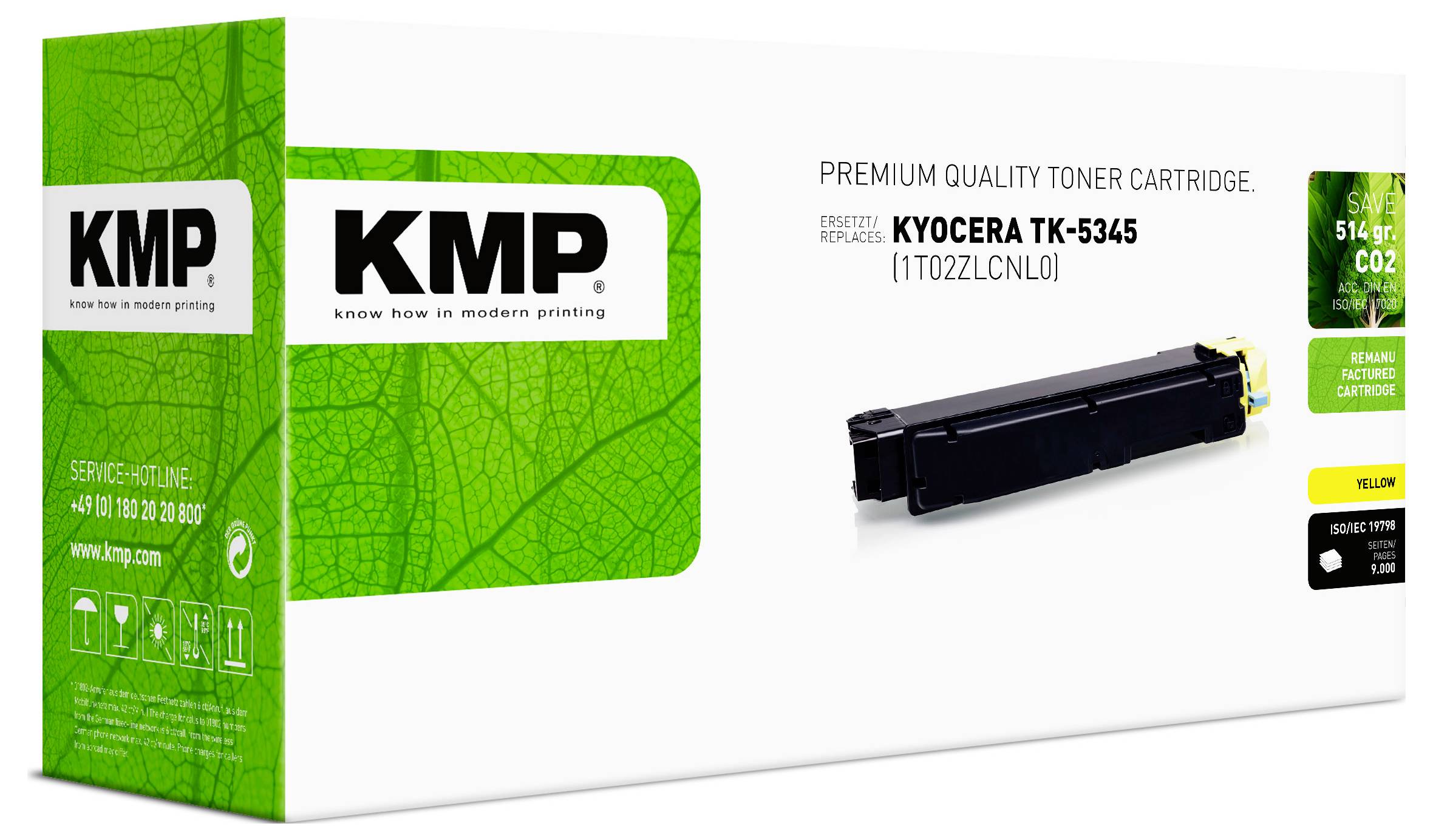 KMP Premium-Qualitäts-Tonerkartusche für Kyocera TK-5345, zeigt eine schwarze gelbe Tonerkartusche und grüne umweltfreundliche Verpackung.