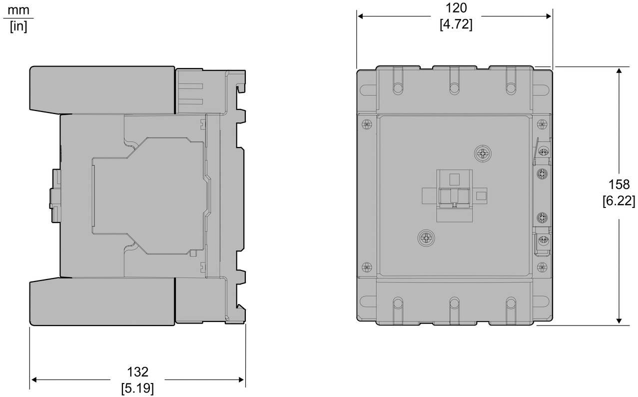 Technische Zeichnung eines elektrischen Bauteils, dargestellt in Seiten- und Vorderansicht, mit den Abmessungen 132 mm breit, 158 mm hoch und 120 mm tief.