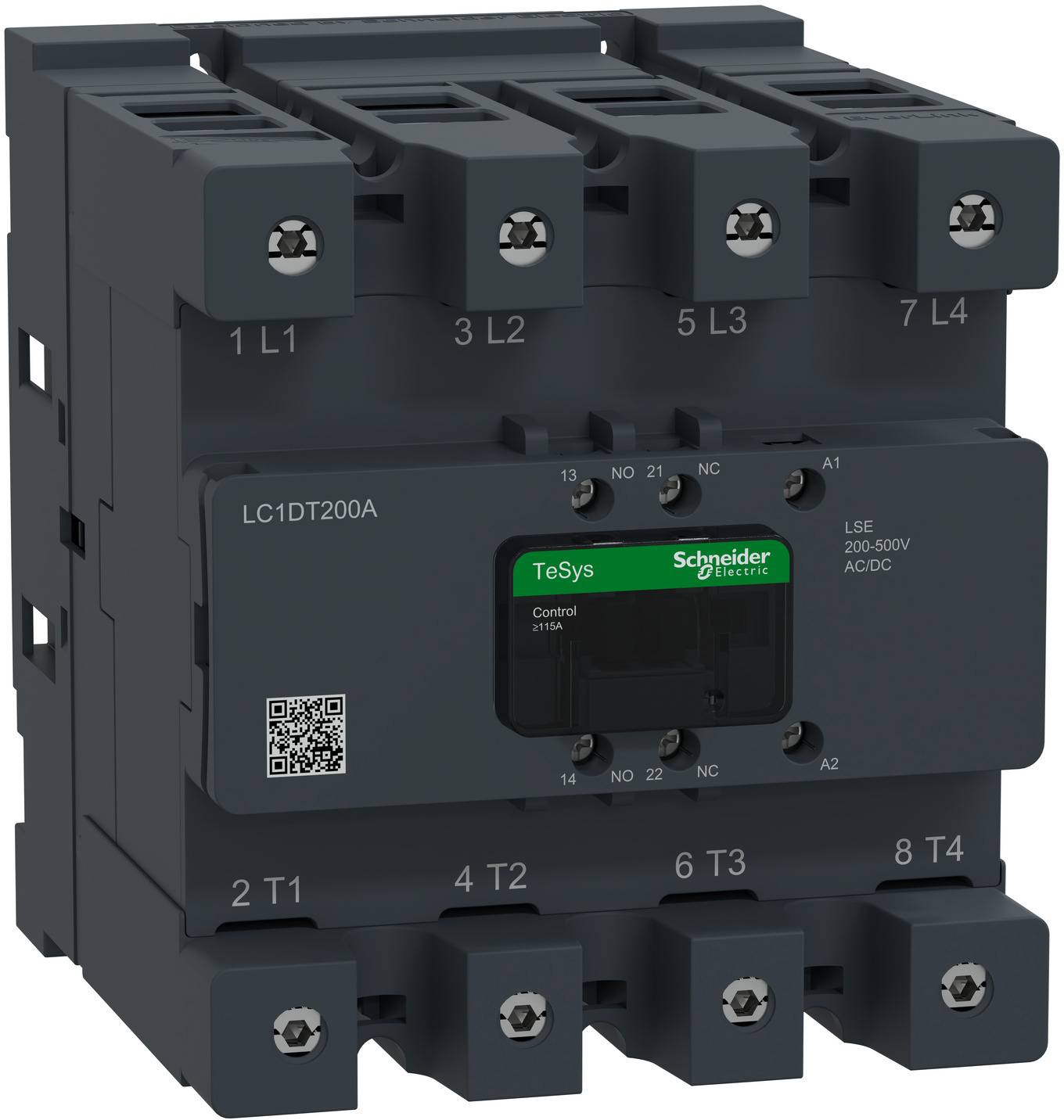 Ein Schneider Electric TeSys LC1DT200A-Schütz mit vier Stromschienen und Steuerkennzeichnungen, dargestellt als Produktbild auf weißem Hintergrund.