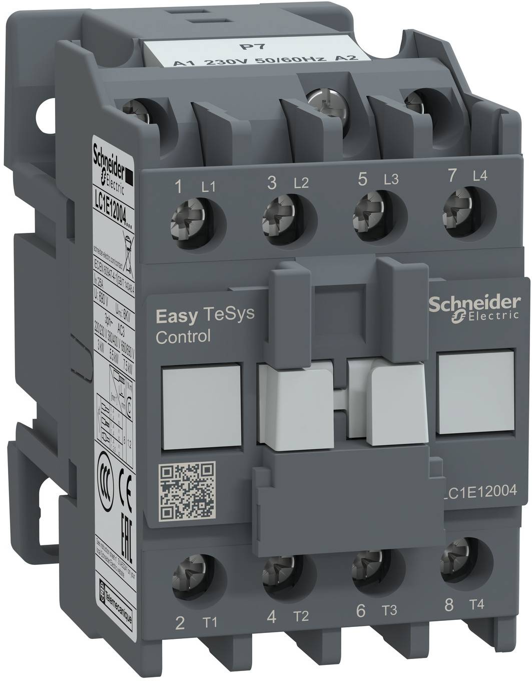 Vorderansicht eines Schneider Electric Easy TeSys Control-Schützes, das beschriftete Anschlüsse und einen QR-Code auf einer dunkelgrauen elektrischen Komponente zeigt.