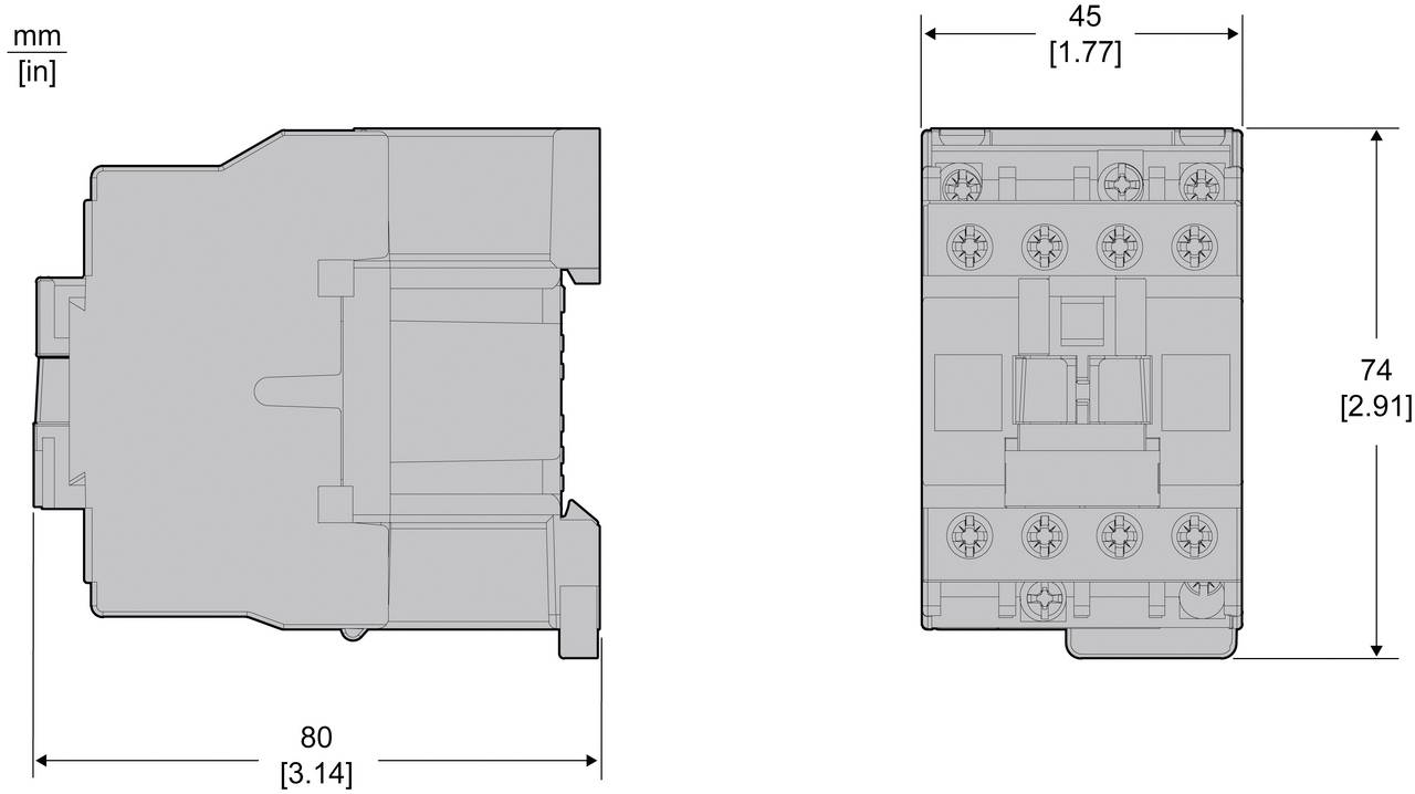 Maßstabgerechte technische Zeichnung eines rechteckigen Geräts: 80 mm breit und 74 mm hoch, mit einer oberen Breite von 45 mm, dargestellt in Vorder- und Seitenansicht.