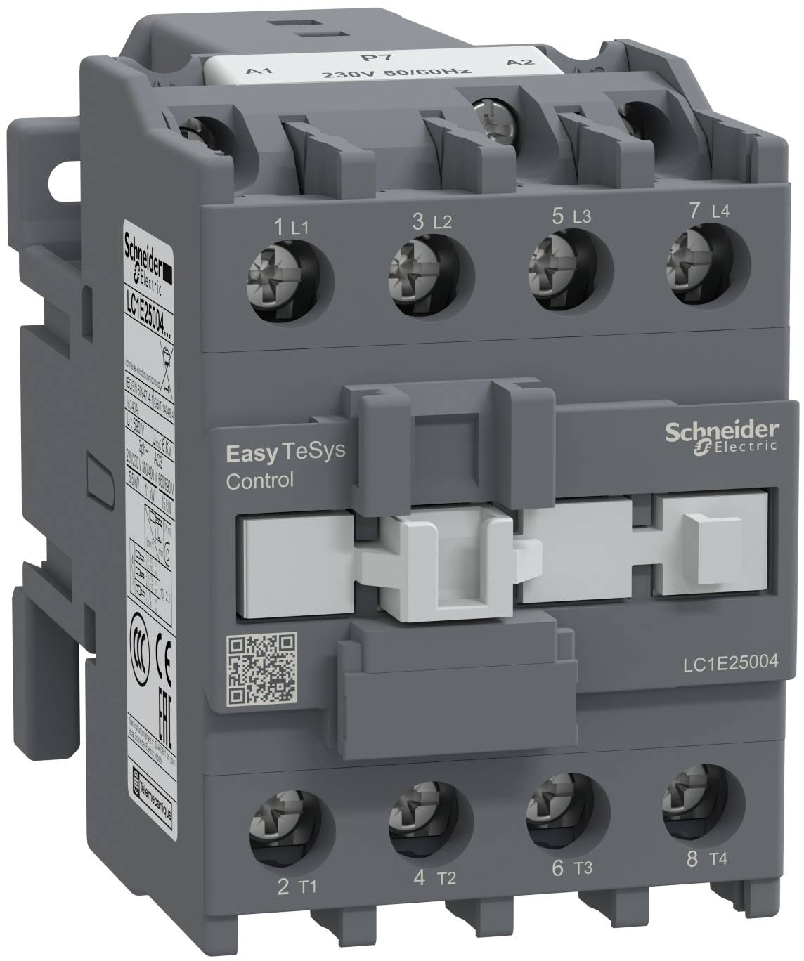 Grauer Schneider Electric Easy TeSys Schütz mit beschrifteten Schraubklemmen und vorderer Betätigungsgriff, gezeigt auf weißem Hintergrund.