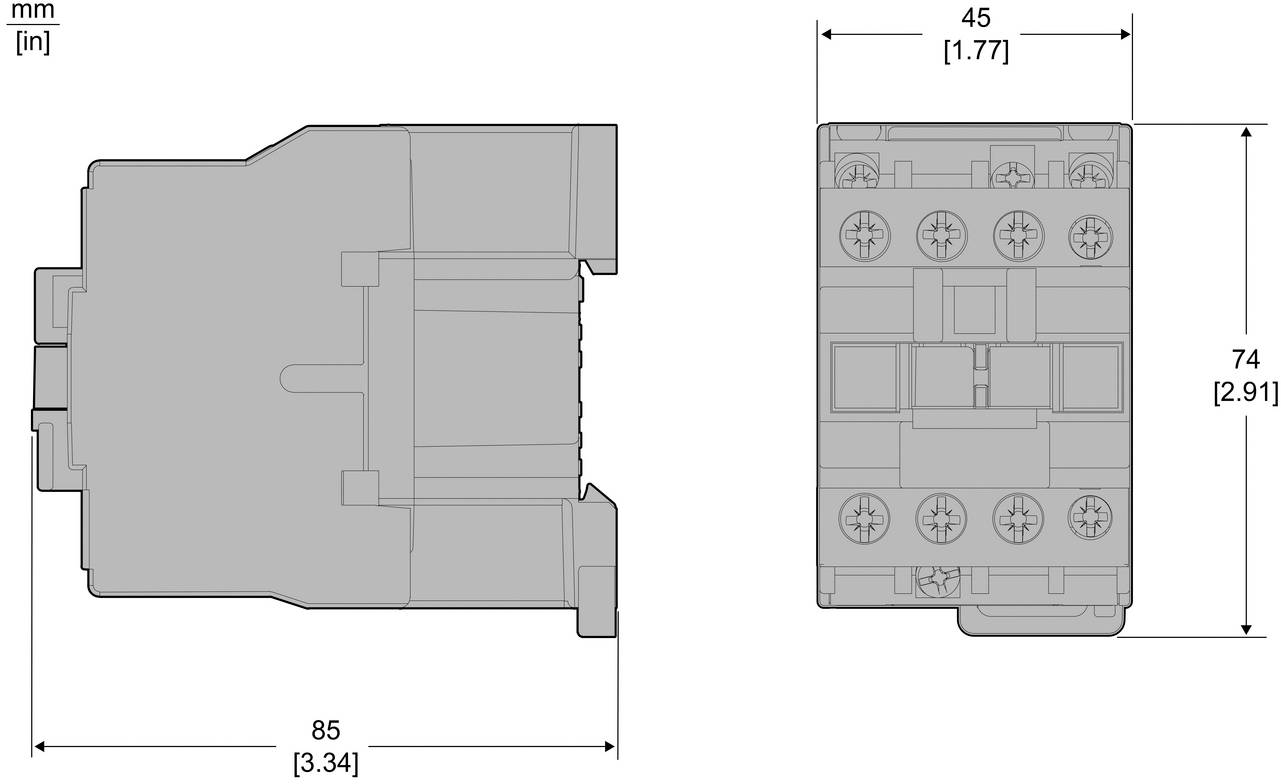 Technische Maßzeichnung eines rechteckigen elektrischen Moduls, die Vorder- und Seitenansicht zeigt, mit einer Gesamtgröße von 85 mm mal 74 mm und einer Breite von 45 mm.