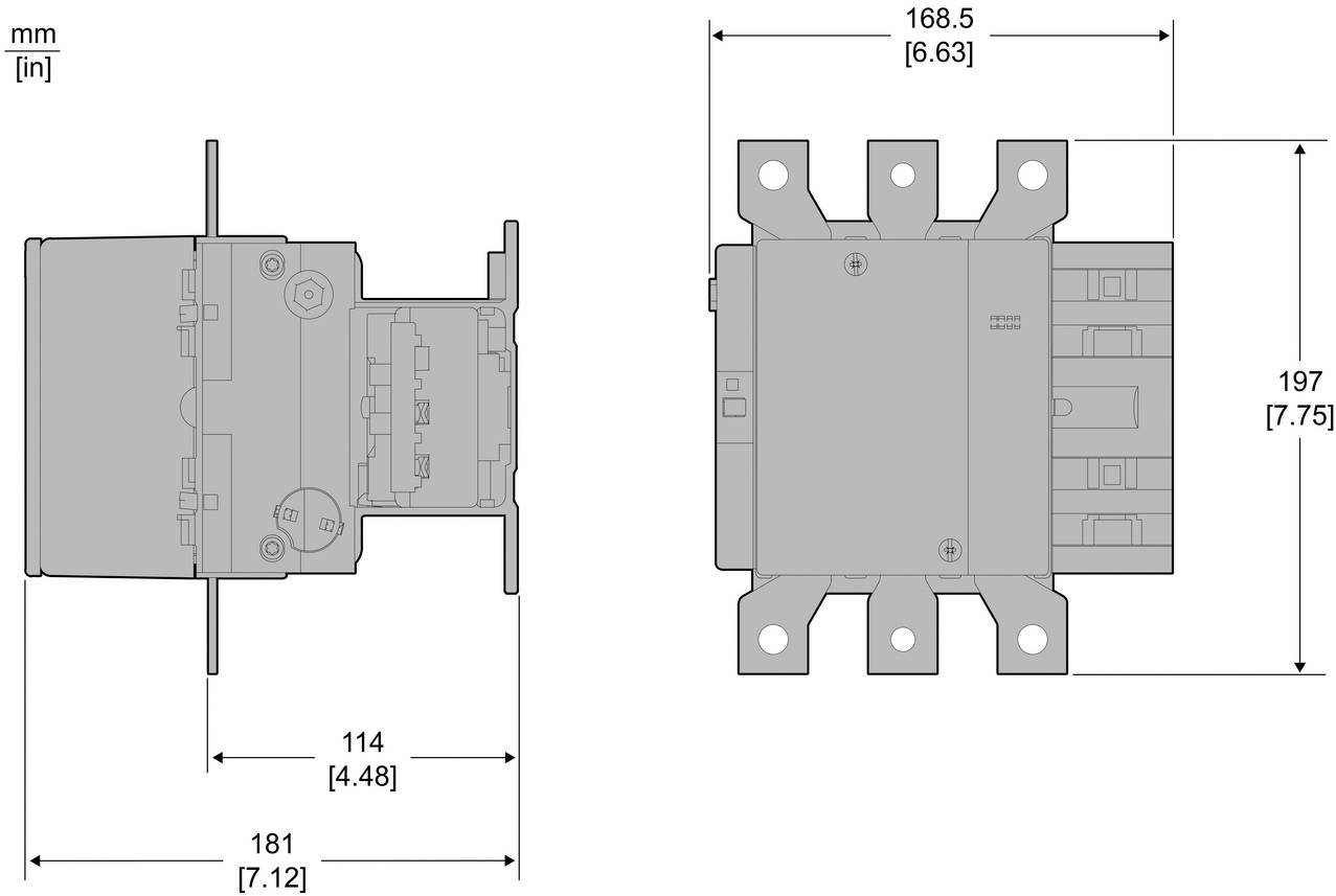 Technische Zeichnung einer elektrischen Komponente in Seiten- und Vorderansicht, mit den Abmessungen 181 mm × 197 mm und 168,5 mm Breite.