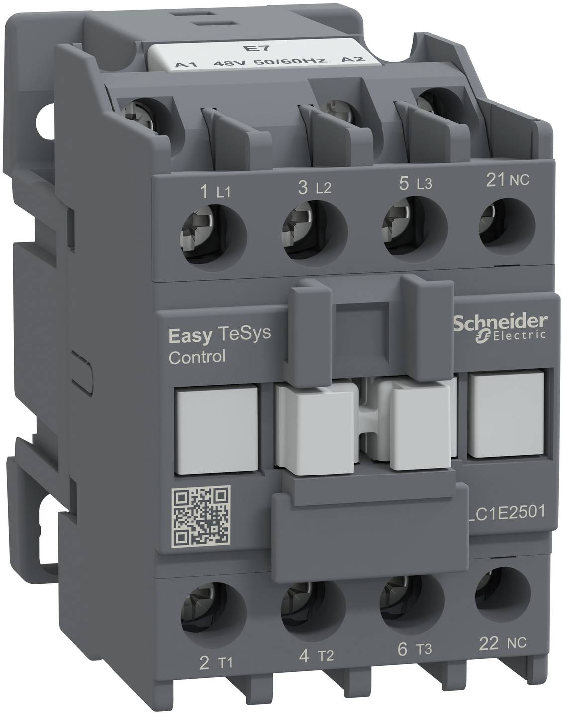 Schneider Electric Easy TeSys Schütz mit beschrifteten Anschlüssen und QR-Code, Vorderansicht auf weißem Hintergrund.