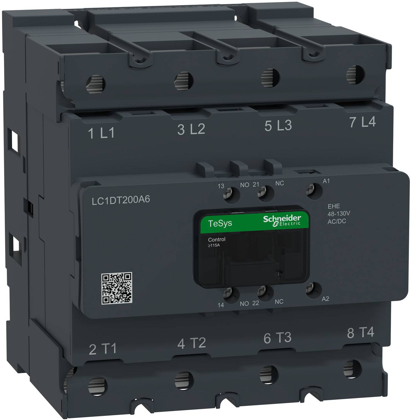 Schwarzer Schneider Electric TeSys-Schütz mit Bezeichnung LC1DT200A6 mit Anschlussmarkierungen und QR-Code, auf weißem Hintergrund dargestellt.
