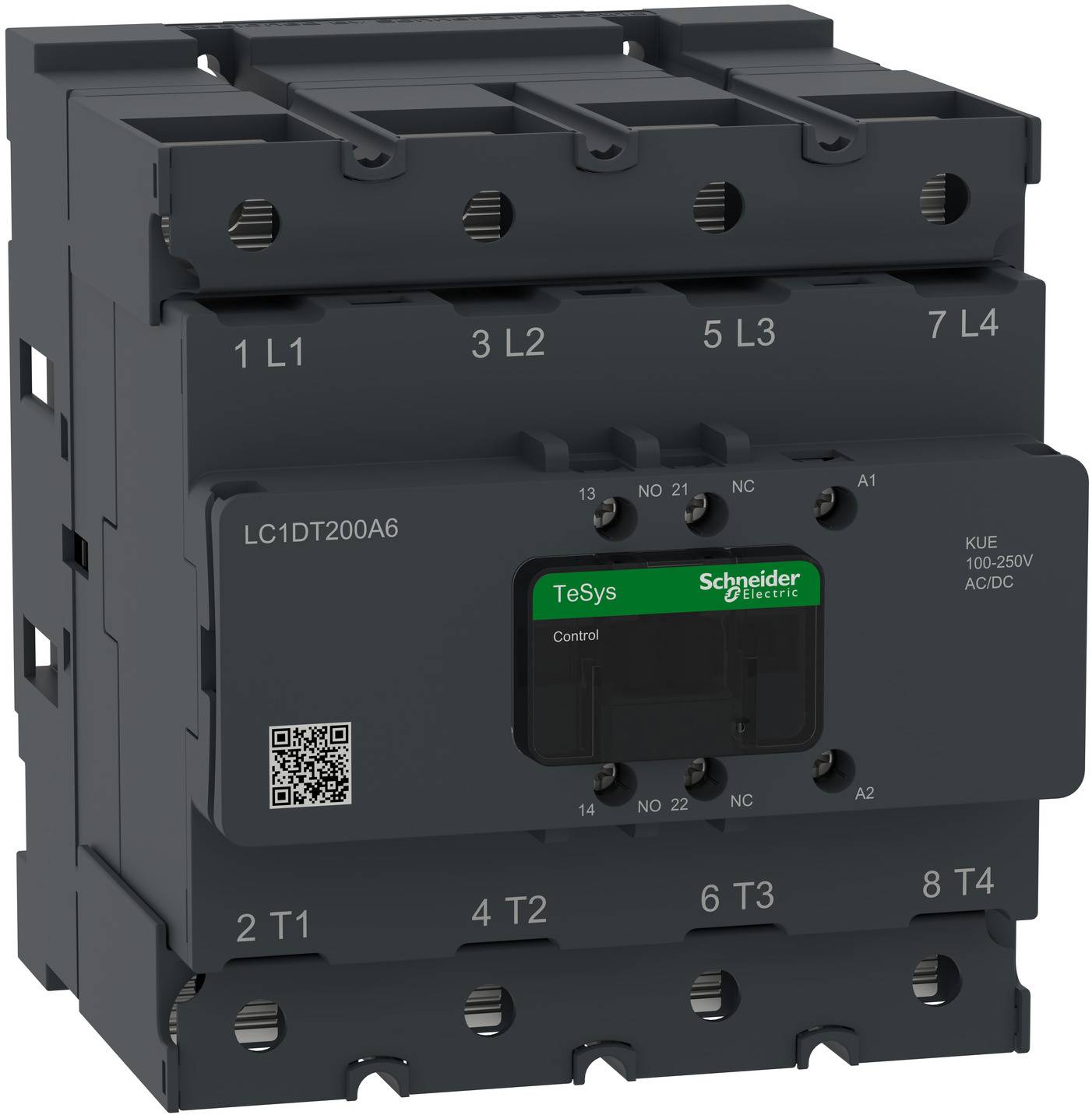 Schwarzer Schneider Electric TeSys Motorschütz mit beschrifteten Klemmen und Steuermodul, dargestellt auf weißem Hintergrund.