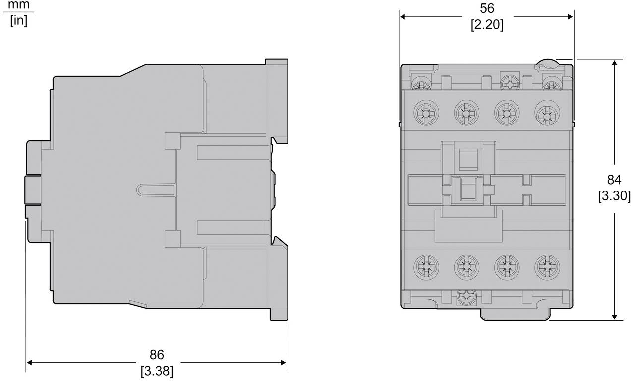 Technische Zeichnung eines rechteckigen elektrischen Bauteils, dargestellt in Seiten- und Vorderansicht mit den Abmessungen 86 mm Länge, 56 mm Breite und 84 mm Höhe.