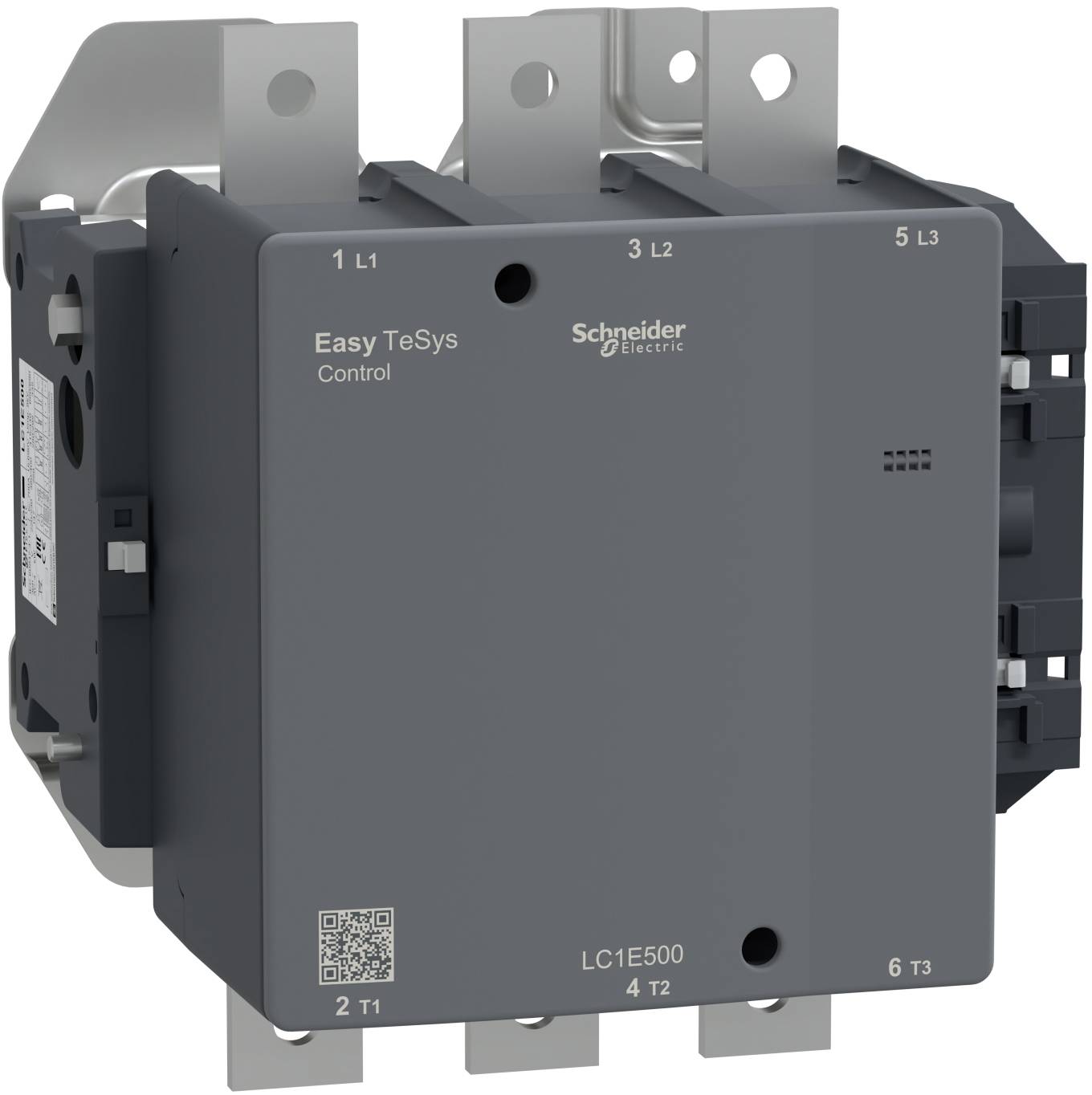 Grauer Schneider Electric Easy TeSys Schütz, ein dreiphasiges elektrisches Schaltgerät mit beschrifteten Anschlüssen und Befestigungslaschen.