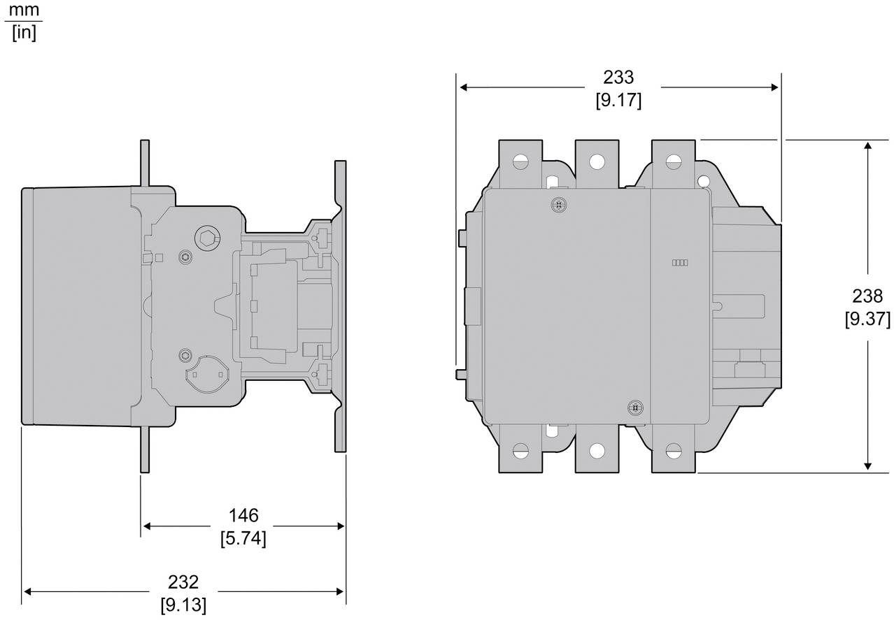 Technische Maßzeichnung eines elektrischen Bauteils in zwei Ansichten, beschriftet in mm und Zoll, zeigt Gesamtbreite 233 mm, Höhe 238 mm und Tiefe 232/146 mm.