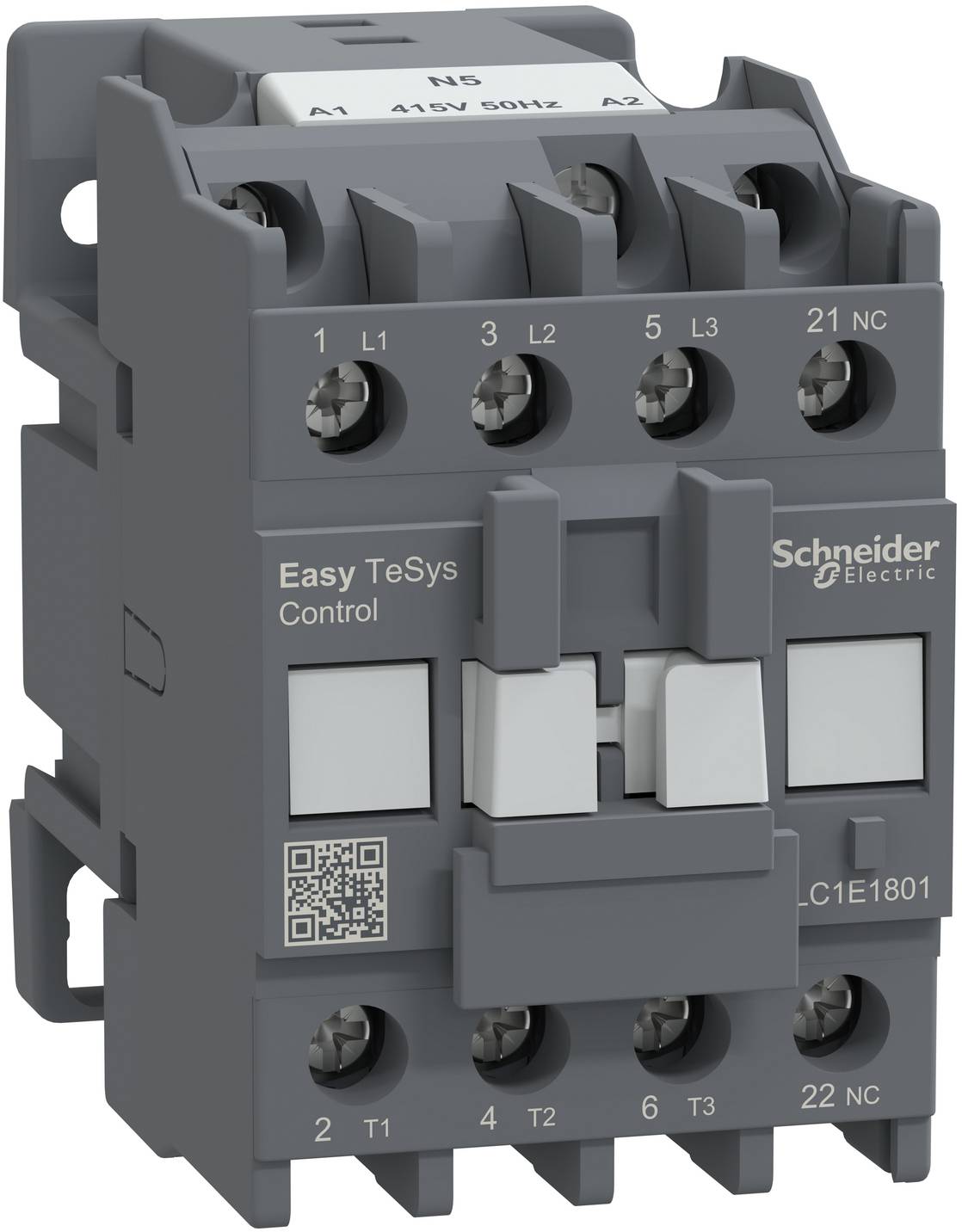 Schneider Electric Easy TeSys Steuerschütz mit gekennzeichneten Anschlüssen und QR-Code auf einem grauen industriellen Elektrogerät.