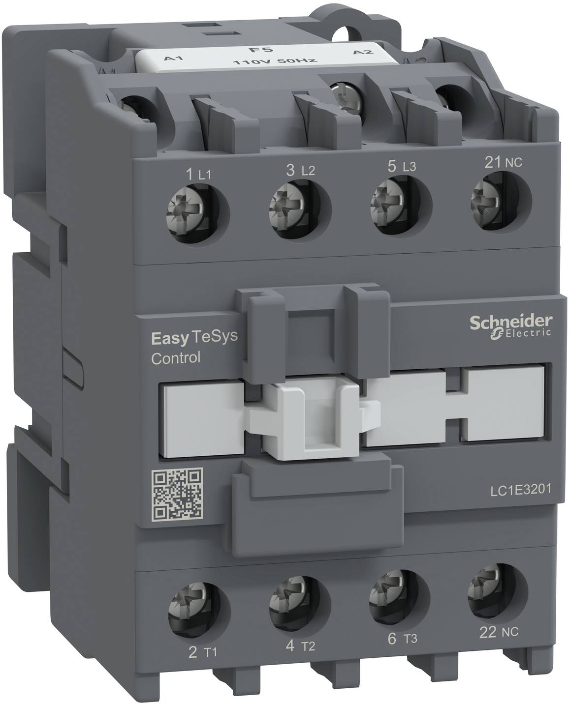 Grauer Schneider Electric Easy TeSys Steuerschütz mit vier oberen und vier unteren Schraubklemmen und einem QR-Code an der Frontseite.