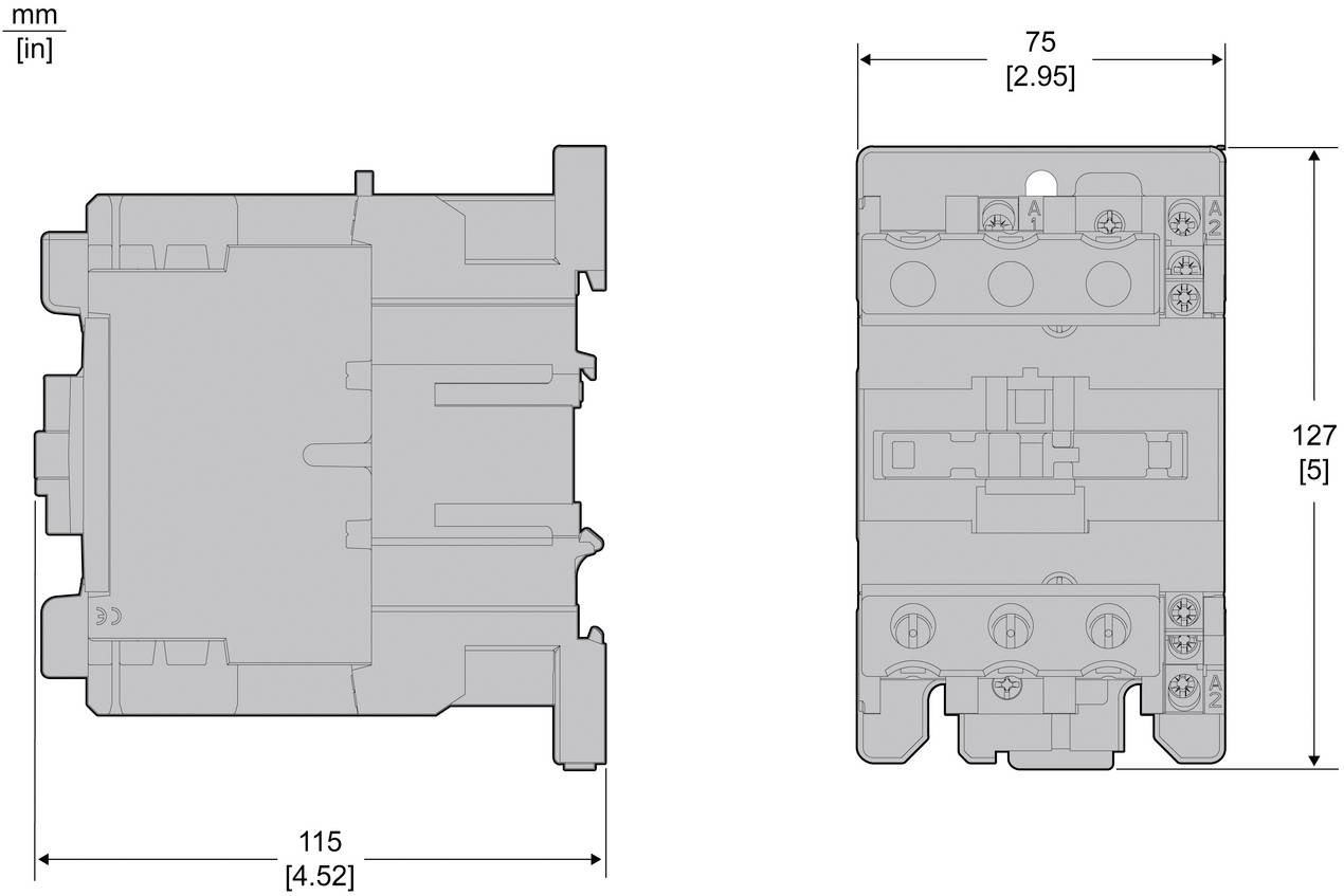 Technische Zeichnung einer elektrischen Komponente mit Seiten- und Vorderansicht und Abmessungen: 115 mm breit, 127 mm hoch, 75 mm tief.