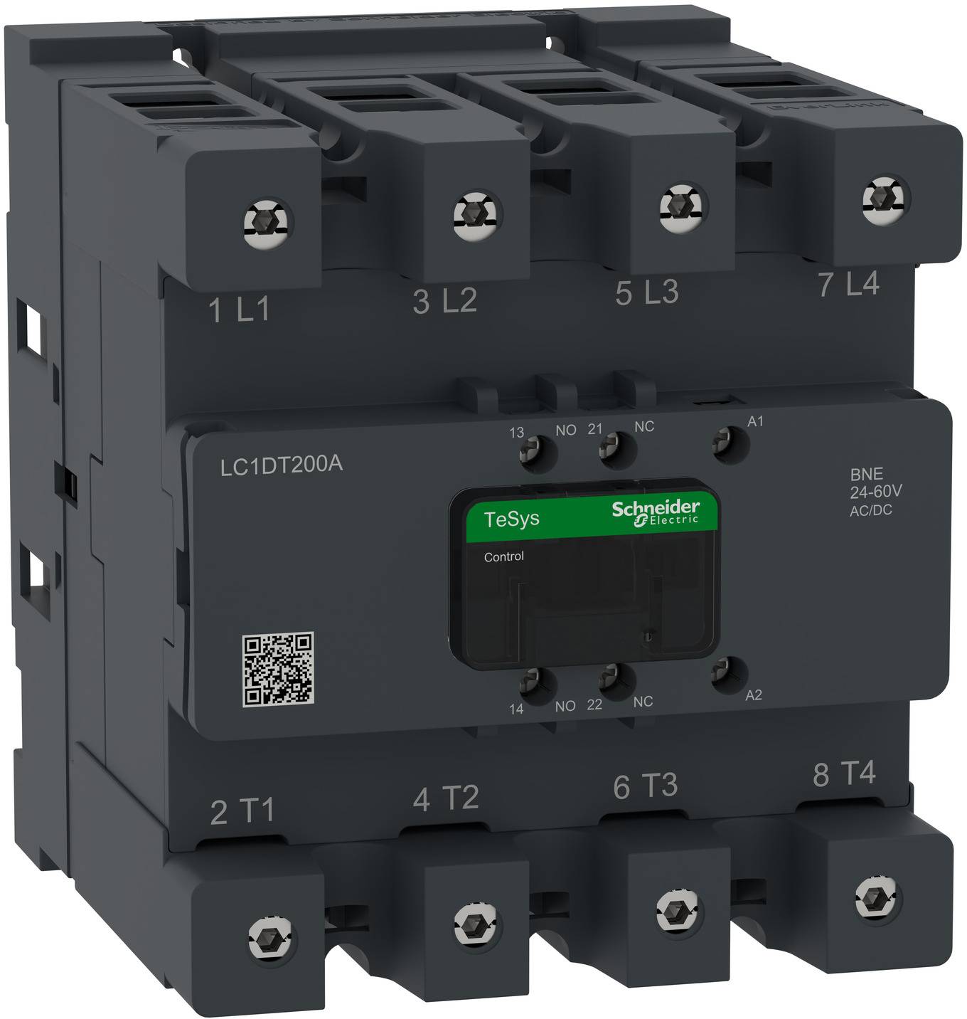 Schneider Electric TeSys LC1DT200A Schütz mit vier Hauptstromklemmen mit den Bezeichnungen L1-L4 und T1-T4 sowie einer kleinen Steueranzeige.