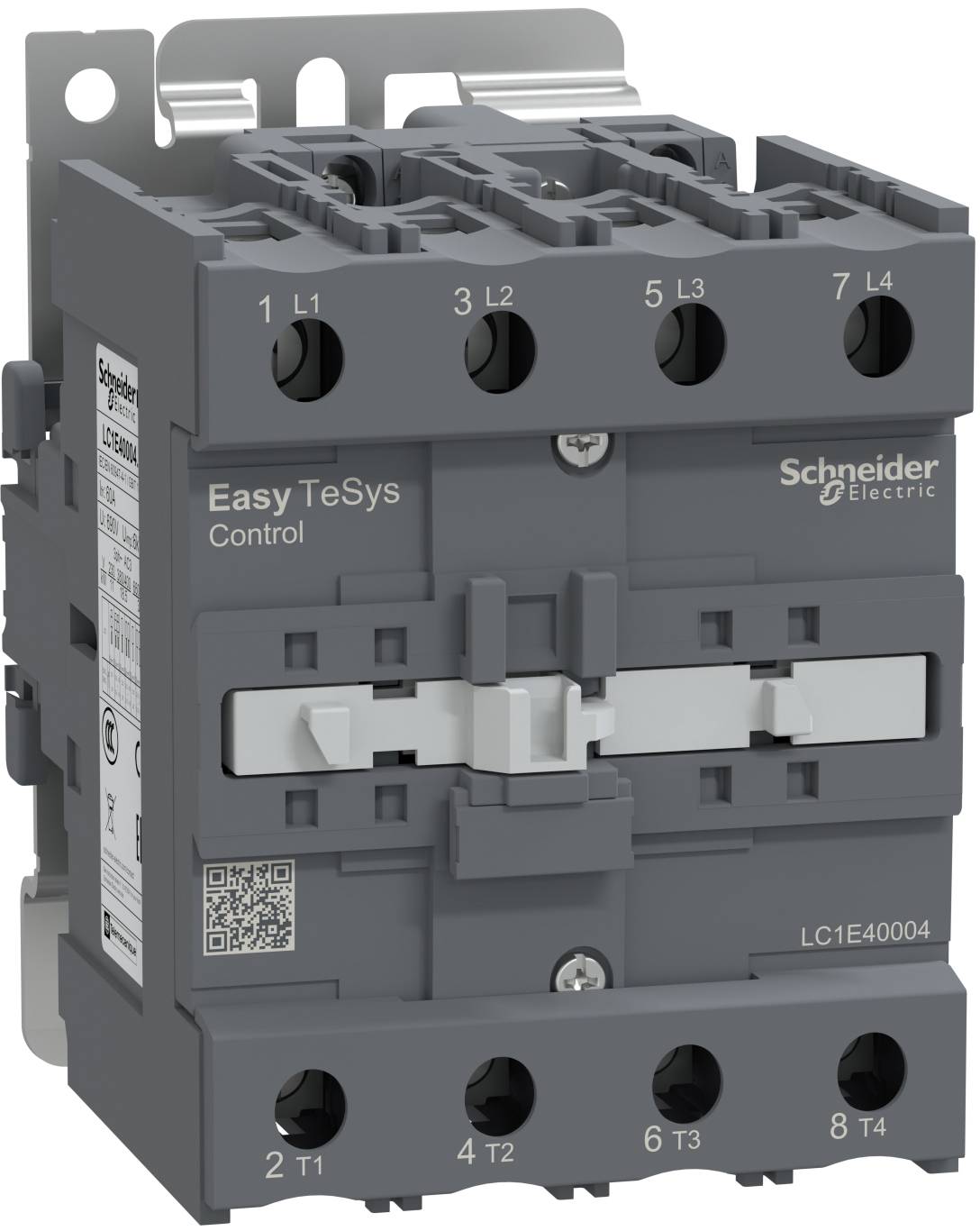 Schneider Electric Easy TeSys Steuerungsschütz, ein graues elektrisches Schaltgerät mit beschrifteten Speise- und Lastklemmen.