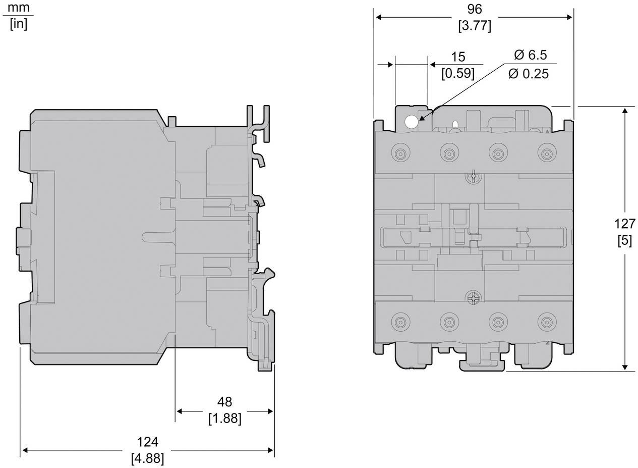 Technische Maßzeichnung eines elektrischen Geräts mit Vorder- und Seitenansicht mit Abmessungen 124 x 127 mm, Breite 96 mm und Befestigungsloch Ø6,5 mm.