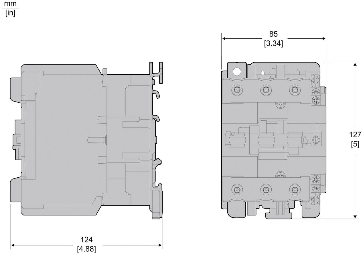 Technische Maßzeichnung einer rechteckigen elektrischen Komponente mit Seiten- und Frontansicht mit den Abmessungen 124 mm breit, 127 mm hoch und 85 mm tief.