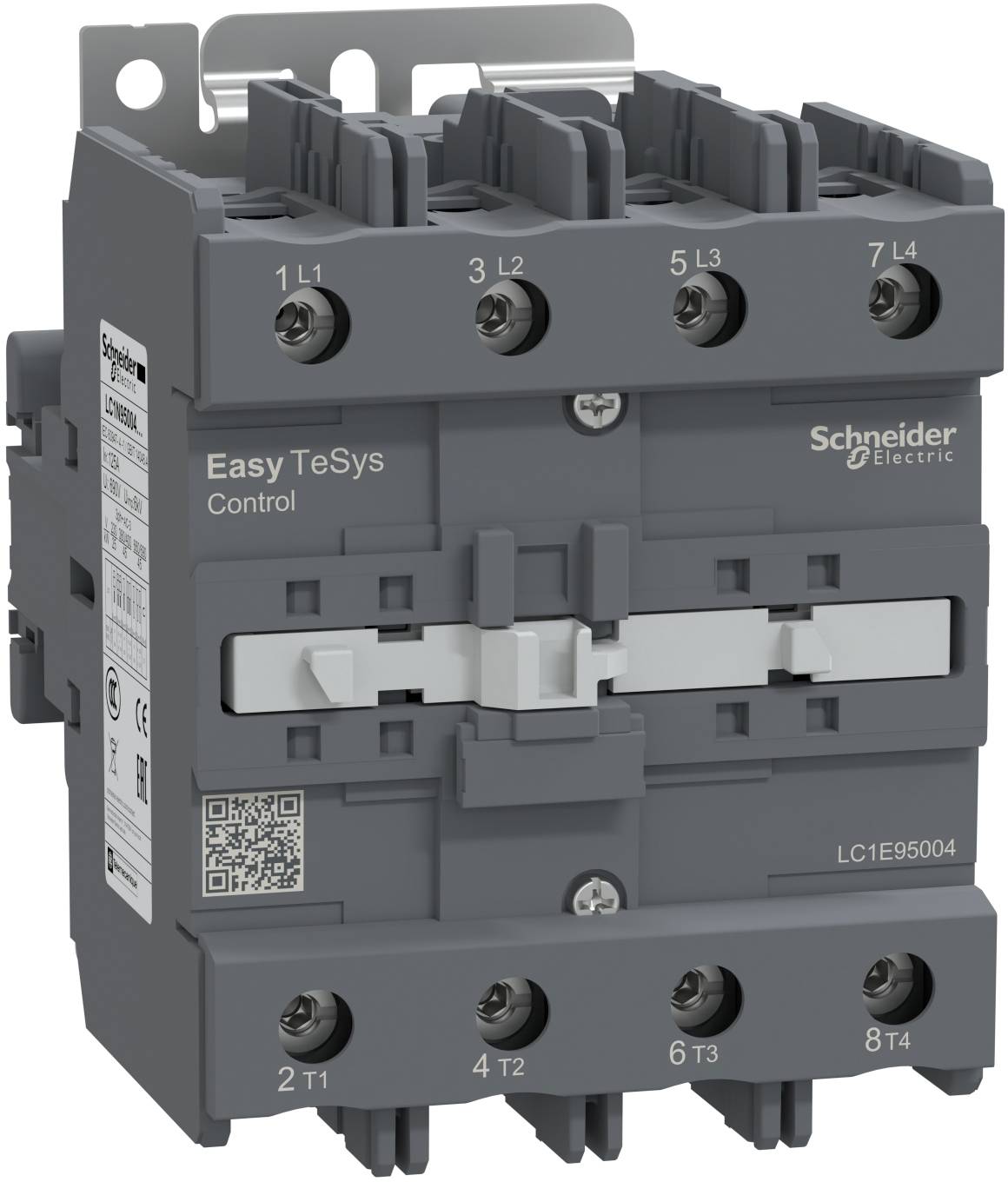 Grauer Schneider Electric Easy TeSys Schütz mit beschrifteten Anschlüssen und Schalthebeln an der Vorderseite.