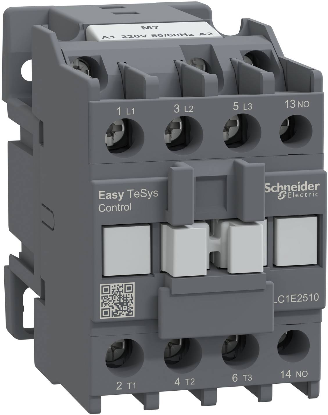 Schneider Electric Easy TeSys Schützen mit beschrifteten Klemmen und QR-Code, dargestellt in einer produktorientierten Frontansicht.