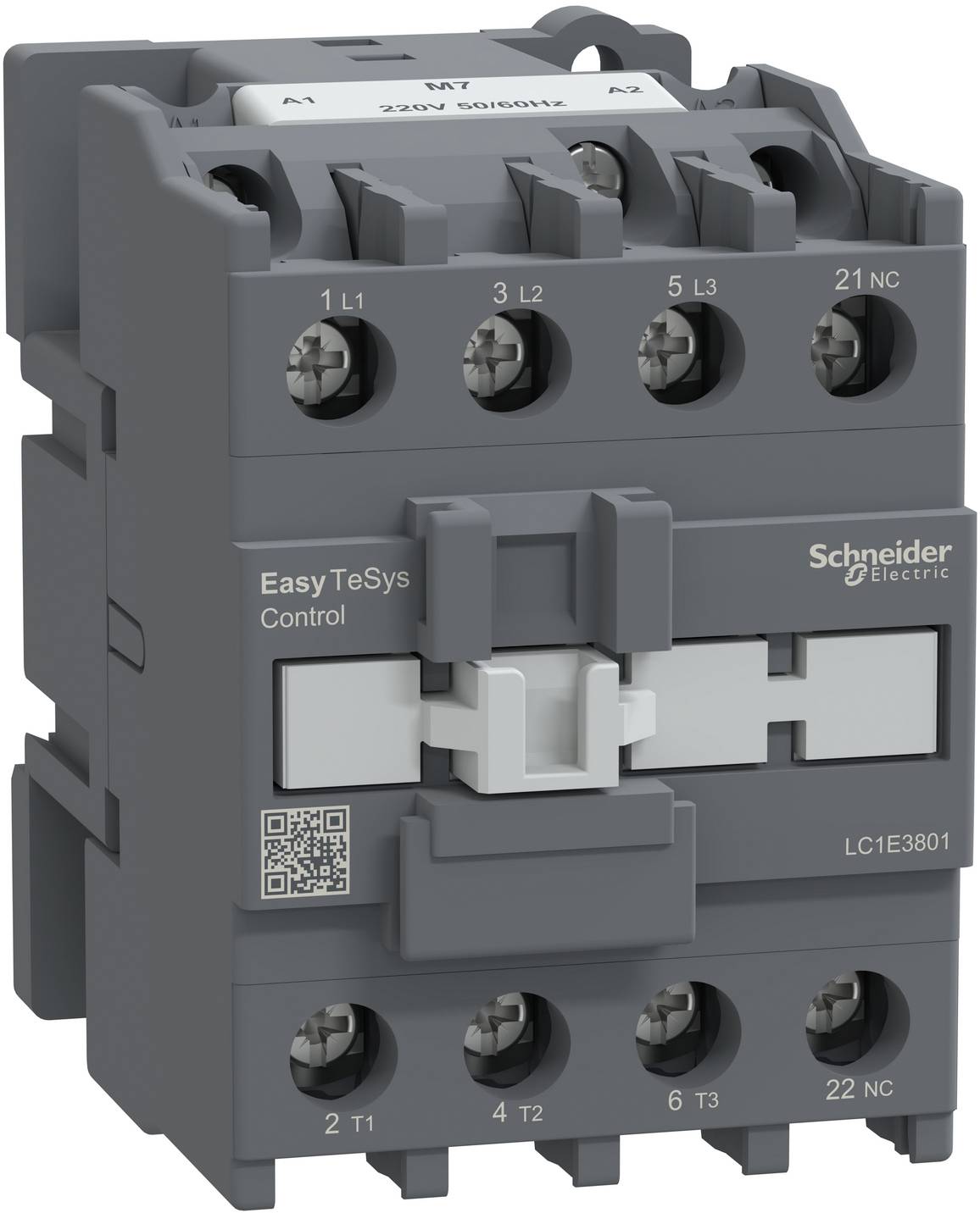 Grauer Schneider Electric Easy TeSys Schütz mit nummerierten Anschlüssen und QR-Code, Frontansicht auf weißem Hintergrund.