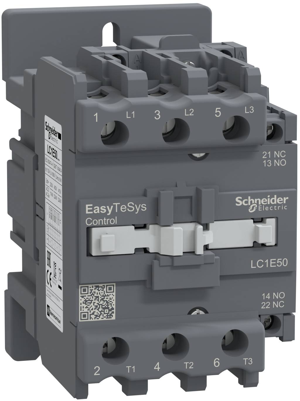 Grauer Schneider Electric EasyTeSys Steuerschütz mit gekennzeichneten Anschlüssen und QR-Code, Vorderansicht auf weißem Hintergrund