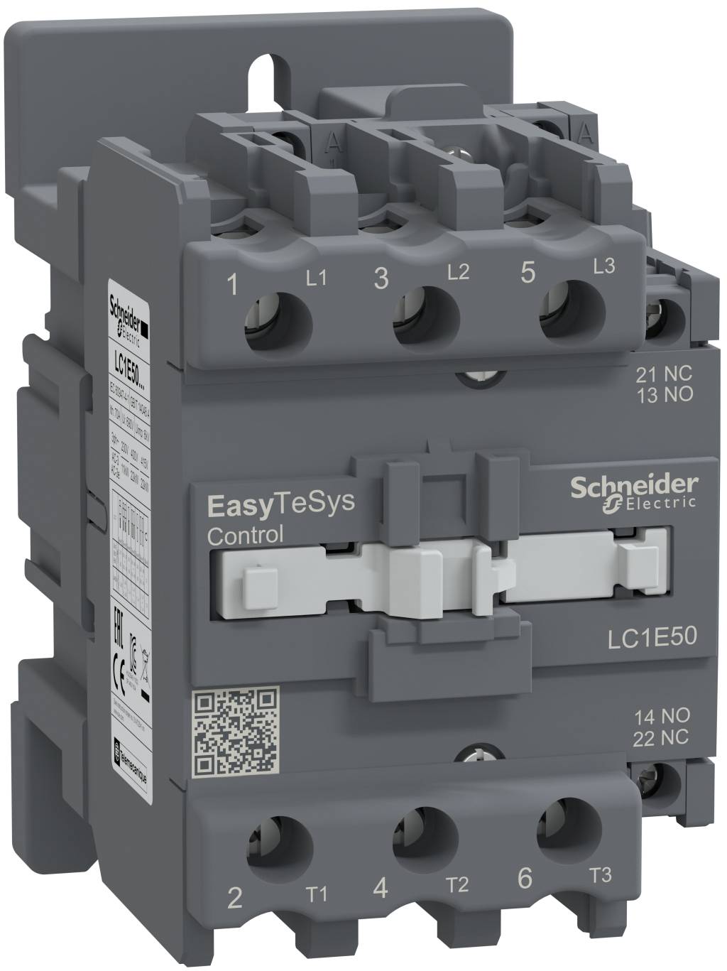 Schneider Electric EasyTeSys Control LC1E50 Schütz mit drei Polklemmen und gekennzeichneten Spulen-/Hilfskontaktklemmen.