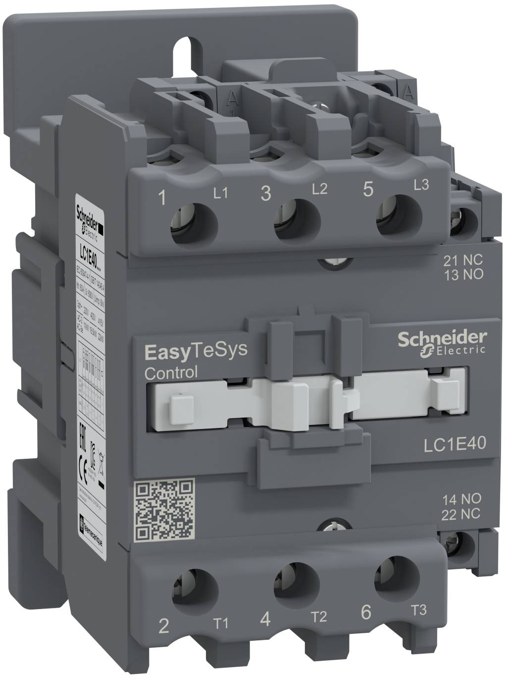 Foto eines Schneider Electric EasyTeSys Control-Schützes, Modell LC1E40, mit beschrifteten Anschlüssen und vorne angebrachtem QR-Code.