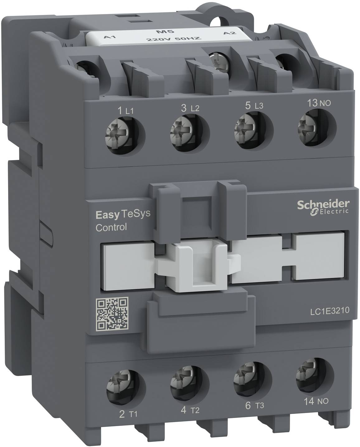 Grauer Schneider Electric EasyTeSys Steuerschütz mit beschrifteten Schraubklemmen und QR-Code, Vorderansicht auf weißem Hintergrund.
